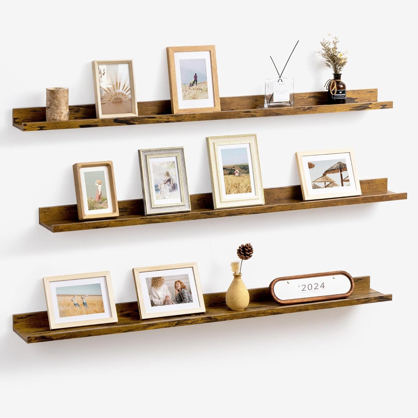 ShelfLoft 5.7"D x 2"H Rustic Brown Picture Ledge Shelf Floating Shelves with Lip, Set of 3