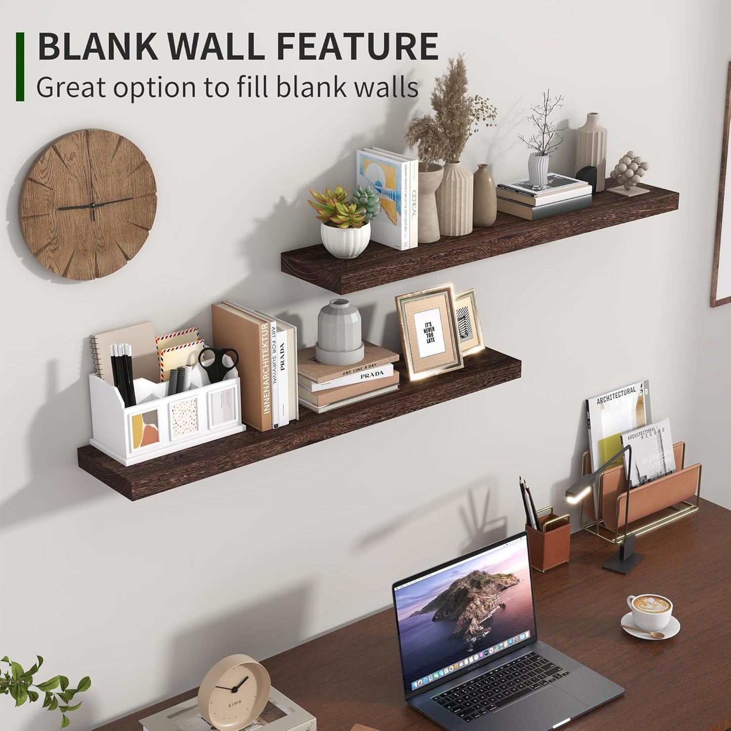 ShelfLoft 48" Wide x 6.8" Deep Natural Paulownia Wood Floating Shelves, 2 Pack