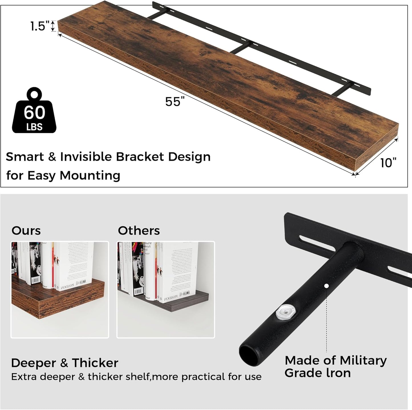 ShelfLoft 9"D x 1.5”H Rustic Brown Floating Shelves for Wall Storage