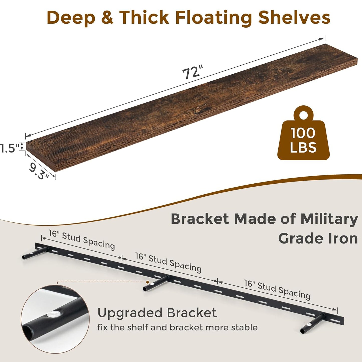 ShelfLoft 72" Wide x 9.3" Deep Floating Shelves for Wall Storage,Rustic Brown-1 Pack