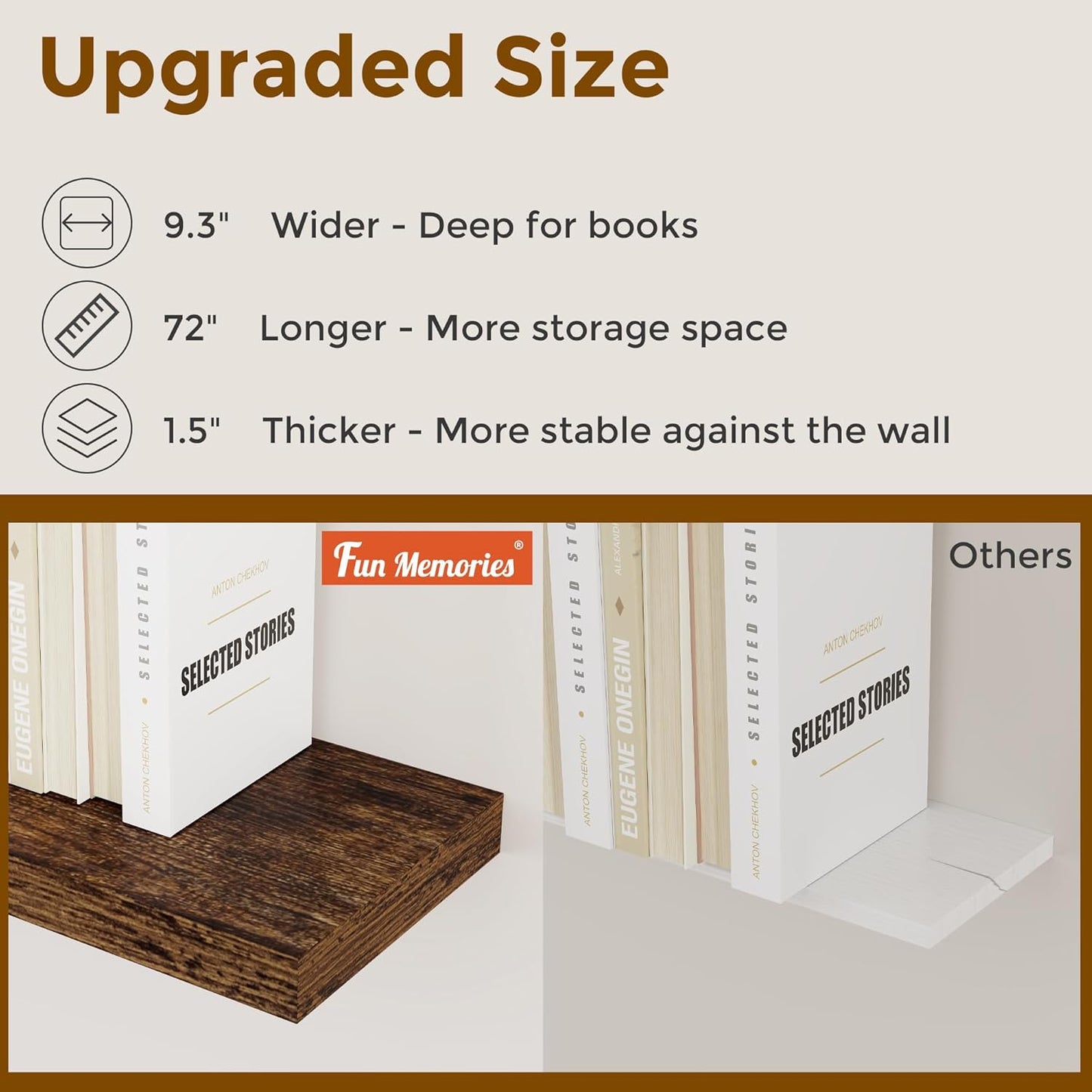 ShelfLoft 72" Wide x 9.3" Deep Floating Shelves for Wall Storage,Rustic Brown-1 Pack