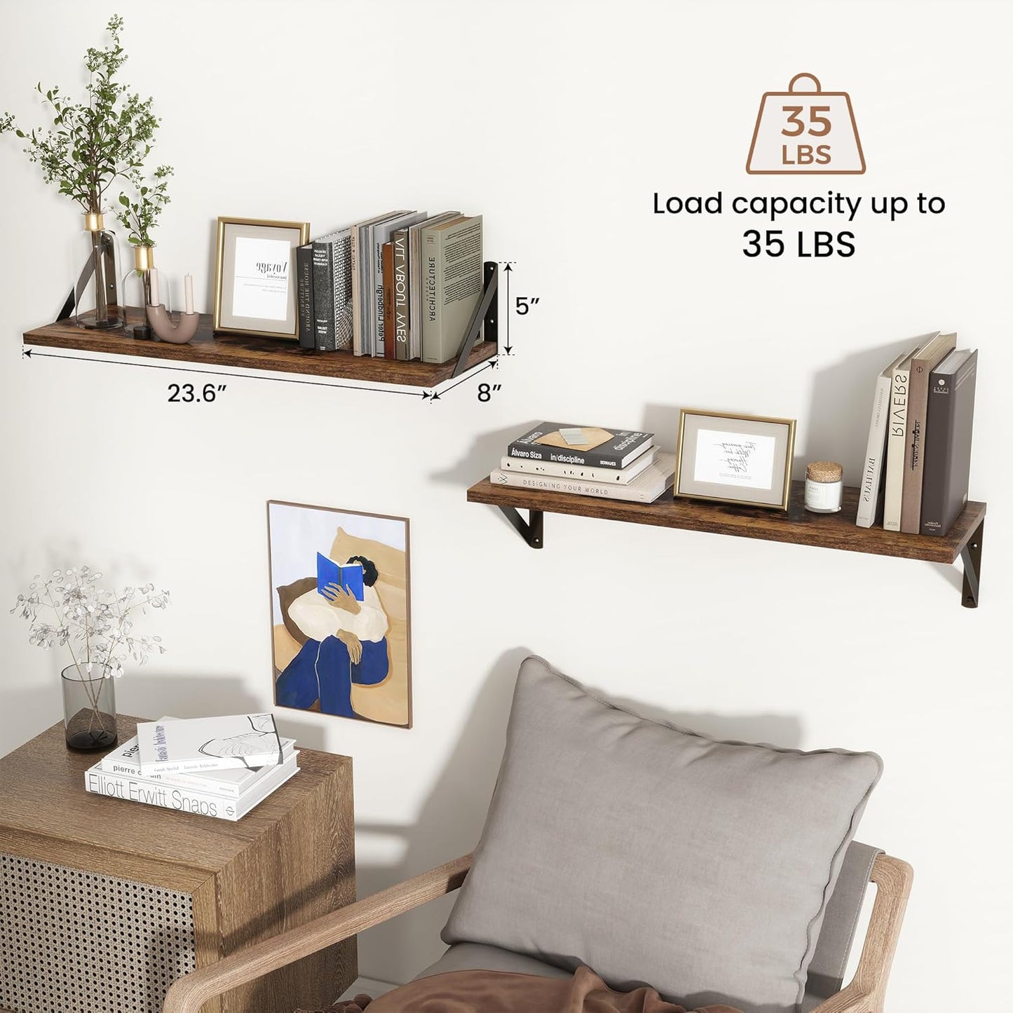 ShelfLoft 8"D x 4.9"H Rustic Brown Wall Mounted Floating Shelves