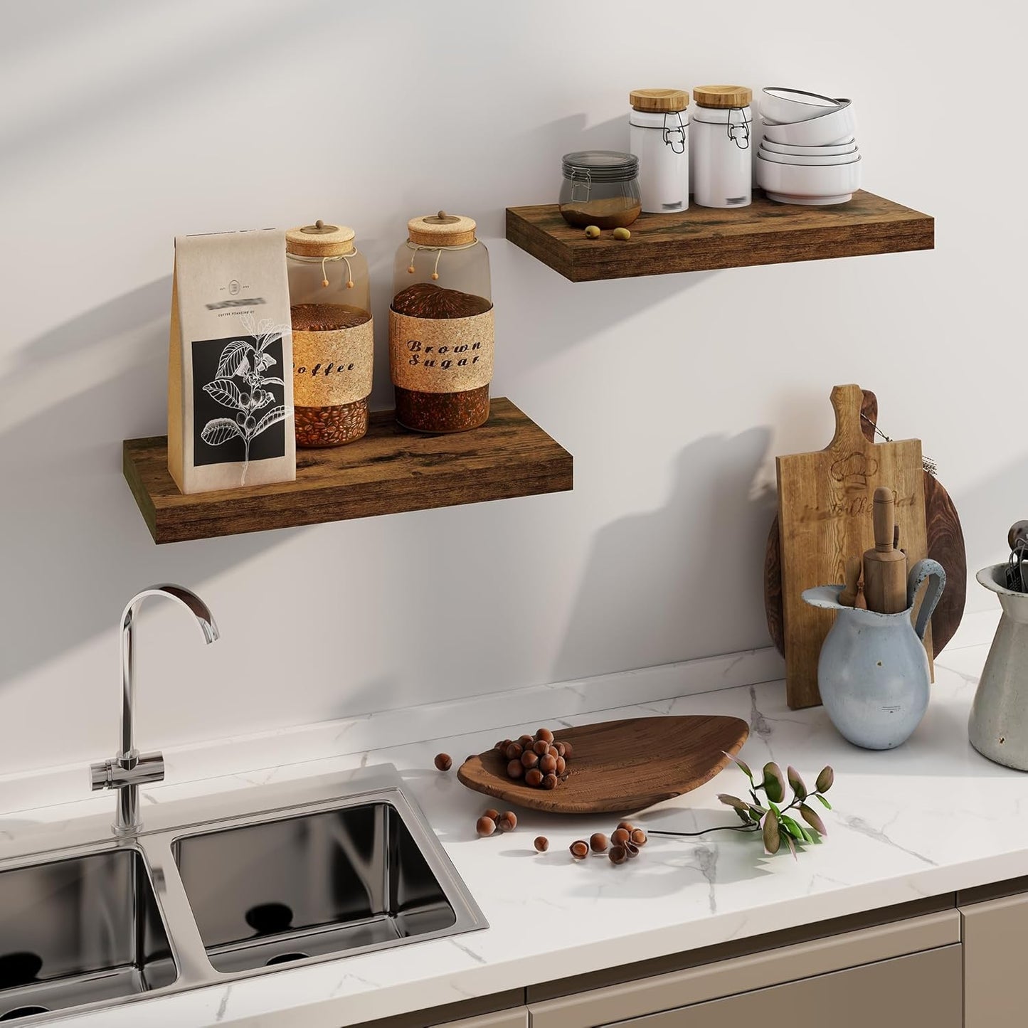 ShelfLoft 8"D x 1.4"H Brown Farmhouse Rustic Wood Wall Floating Shelves