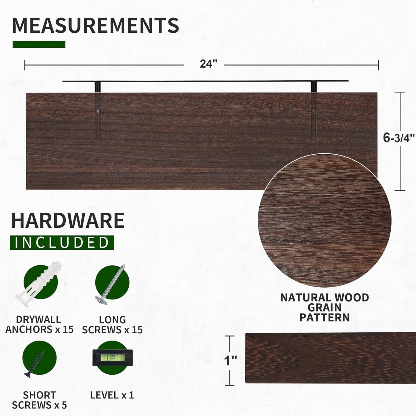 ShelfLoft 6.8"D x 1.4"H Rustic Brown Natural Paulownia Wood Floating Shelves