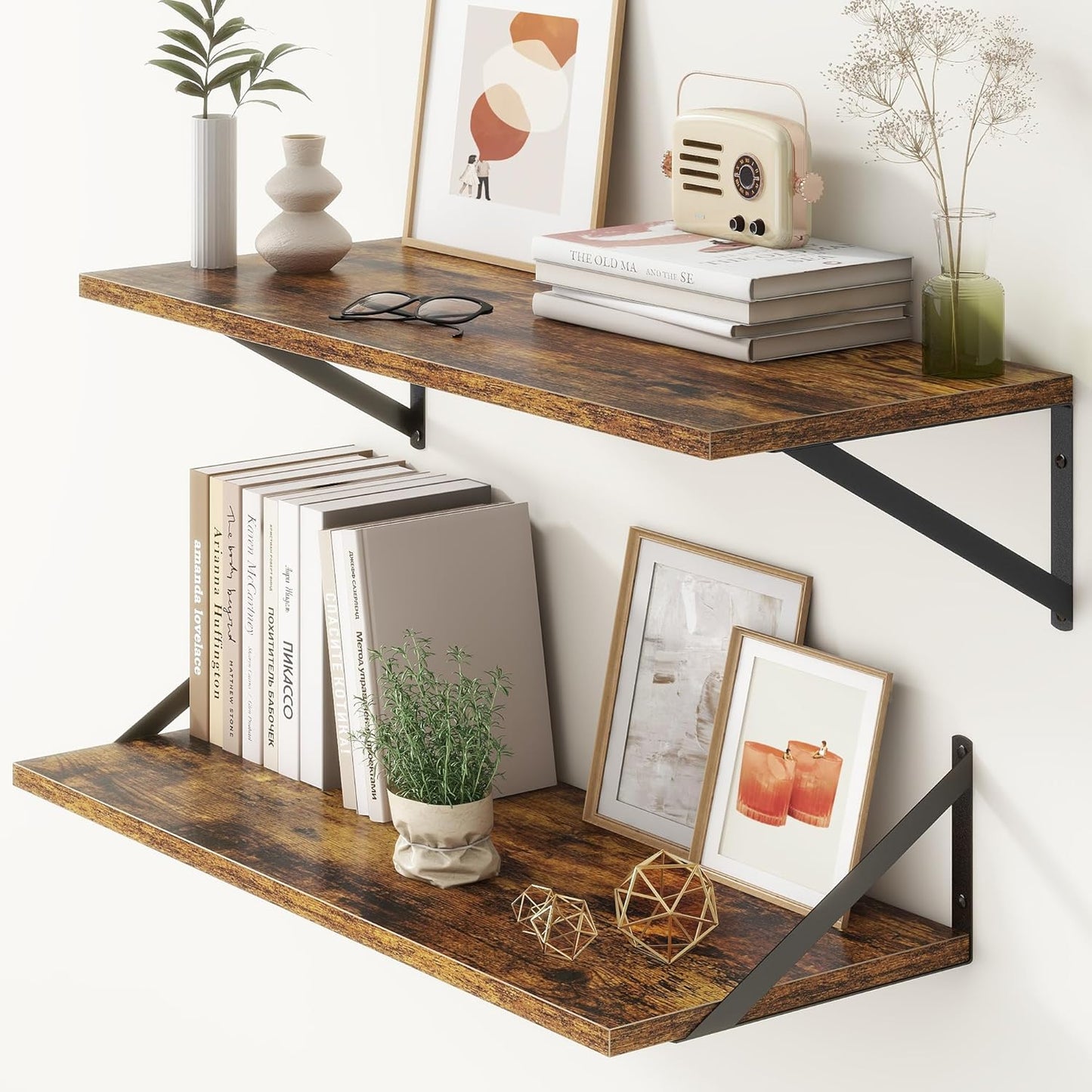 ShelfLoft 12"D x 6"H Rustic Brown Wall Display & Storage Floating Shelves with Visible Brackets