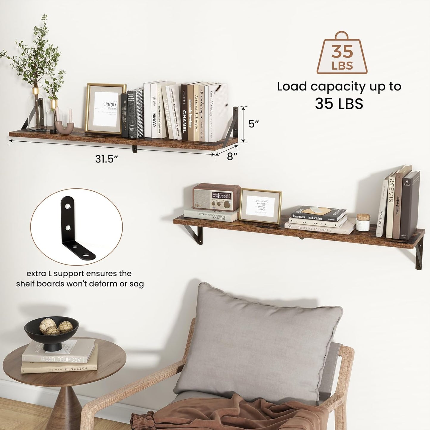 ShelfLoft 8"D x 4.9"H Rustic Brown Wall Mounted Floating Shelves