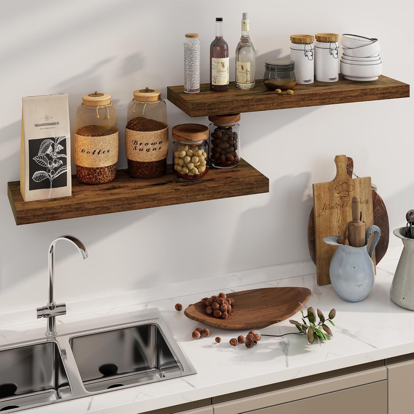 ShelfLoft 8"D x 1.4"H Brown Farmhouse Rustic Wood Wall Floating Shelves