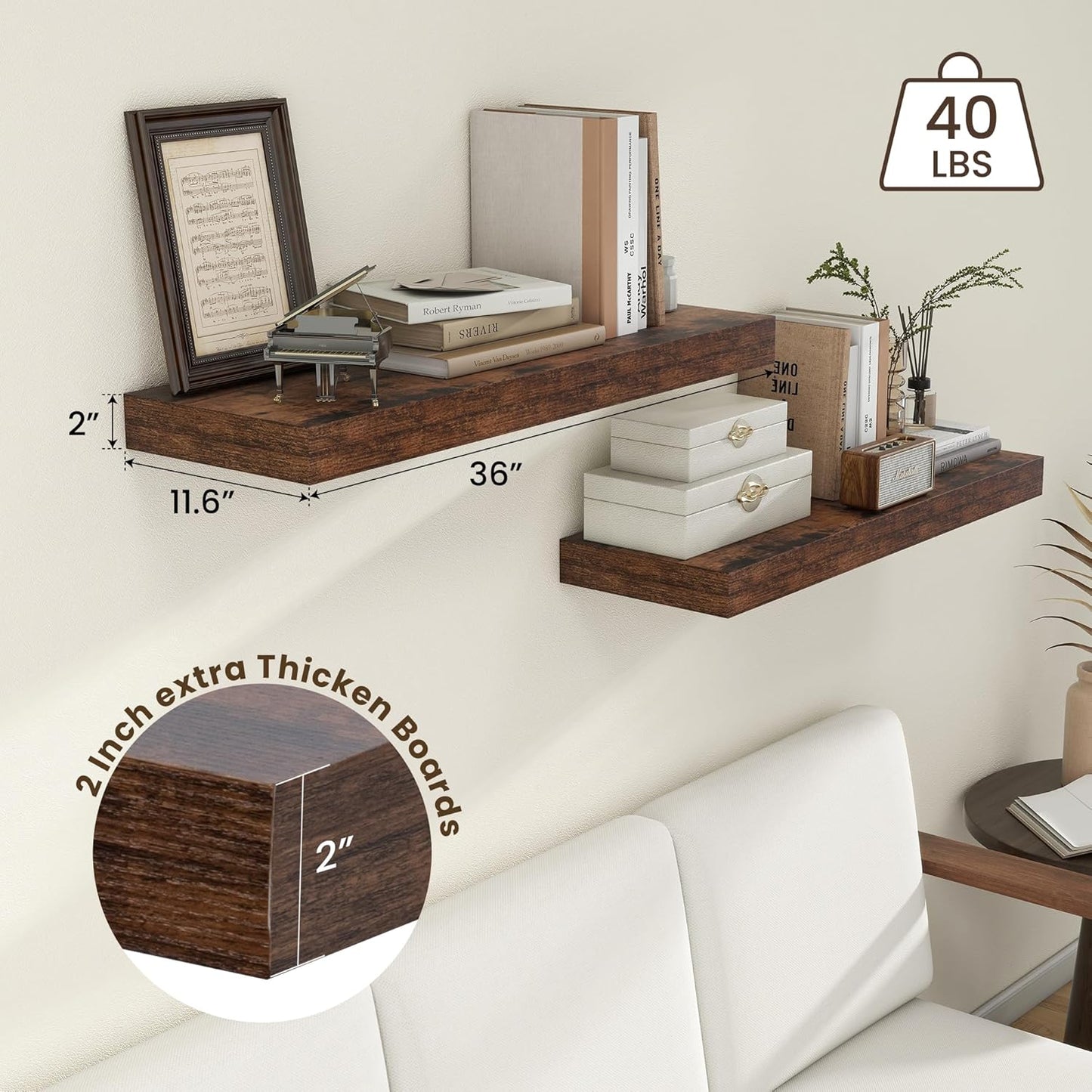 ShelfLoft 36"W x 11.6"D Rustic Brown Floating Shelves for Wall Storage, 2 Pack