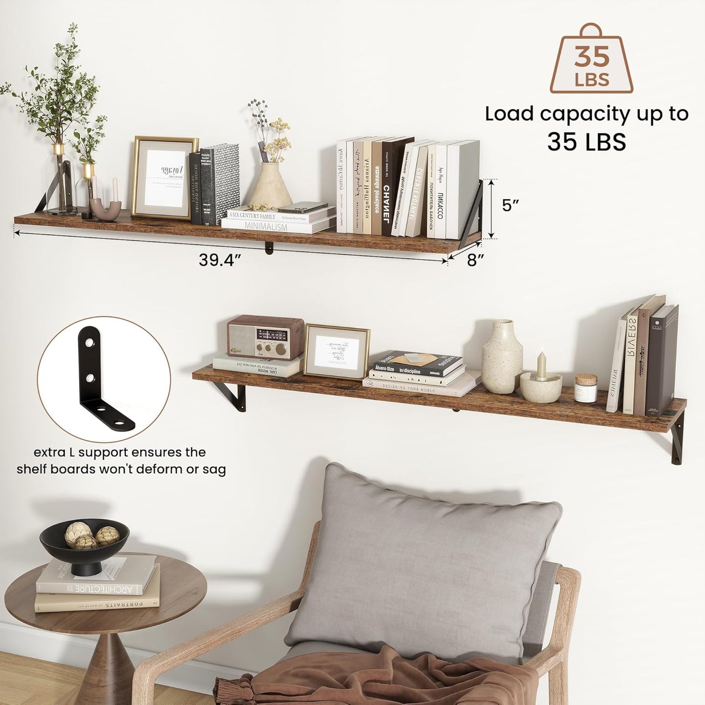 ShelfLoft 8"D x 4.9"H Rustic Brown Wall Mounted Floating Shelves