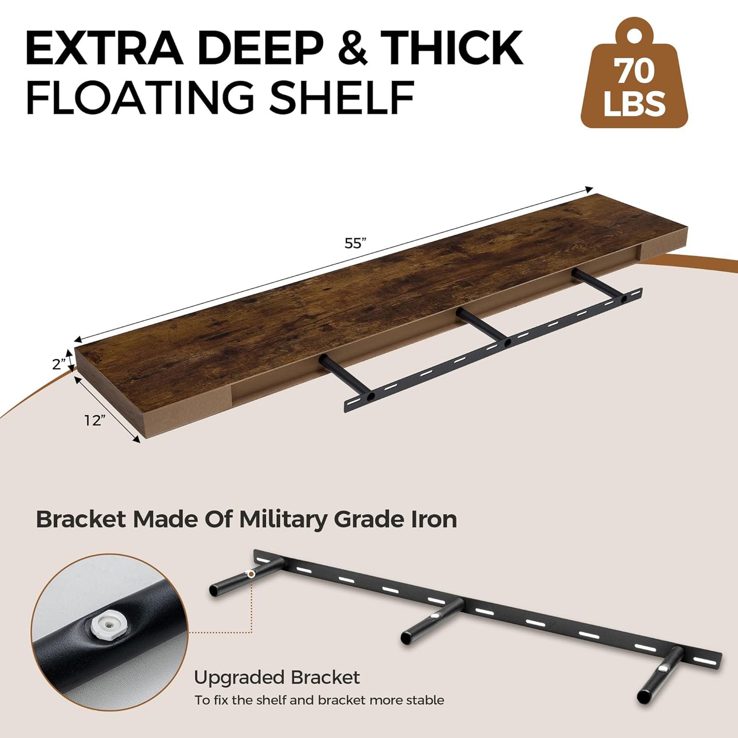 ShelfLoft 55"W x 12"D Rustic Wood Floating Shelves for Wall Decor & Storage, 1 Pack