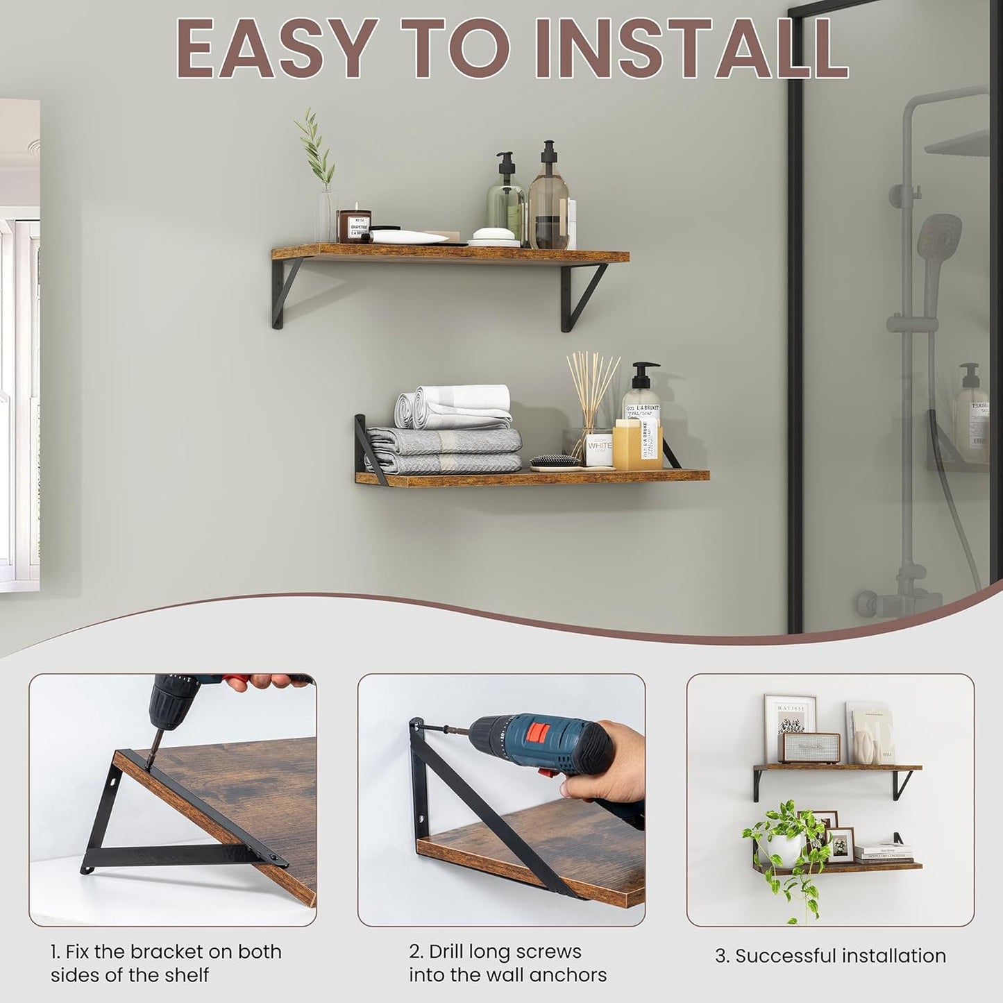 ShelfLoft 55" Wide x 8" Deep Floating Shelves with Brackets, 2 Pack