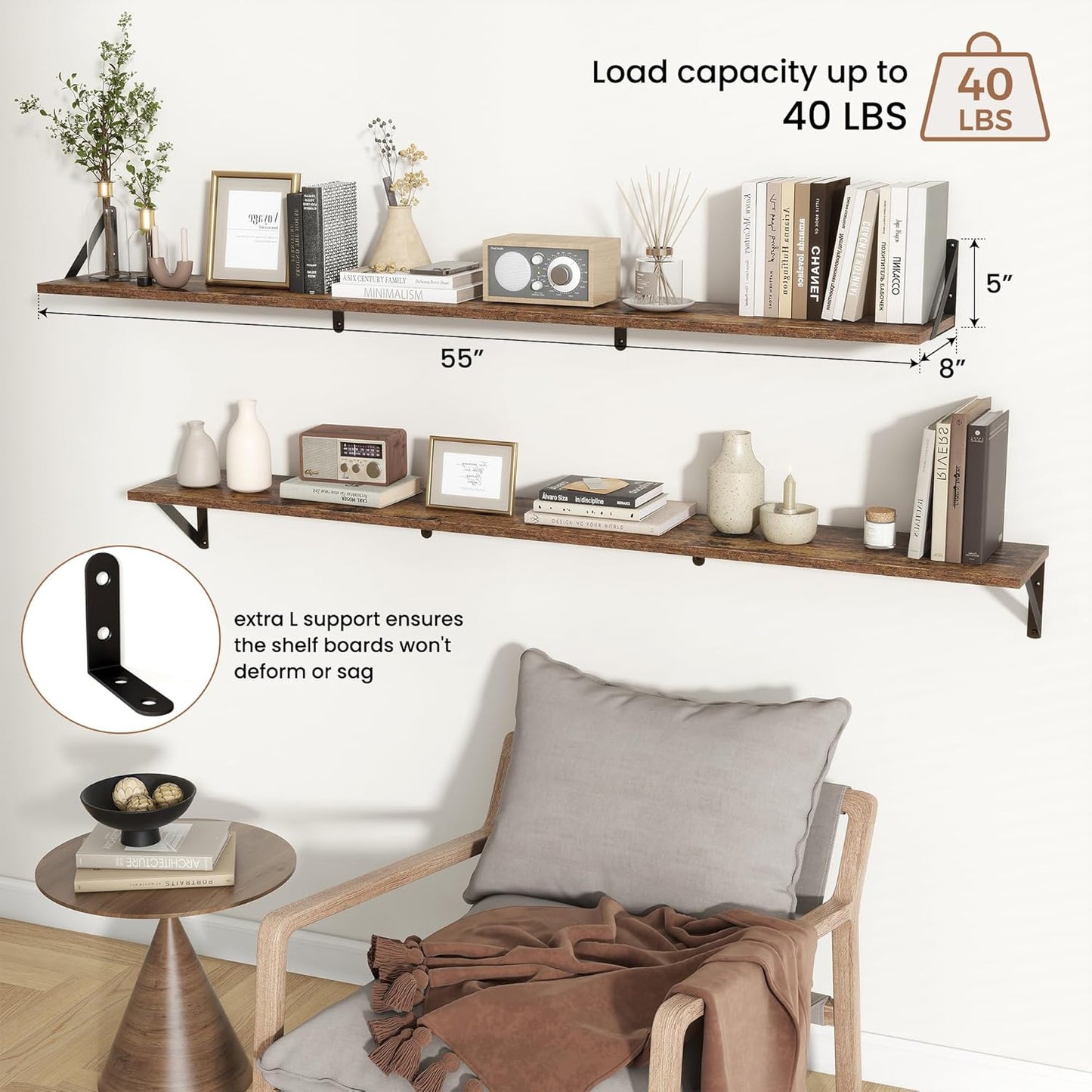 ShelfLoft 55" Wide x 8" Deep Wall Mounted Floating Shelves, 2 Pack