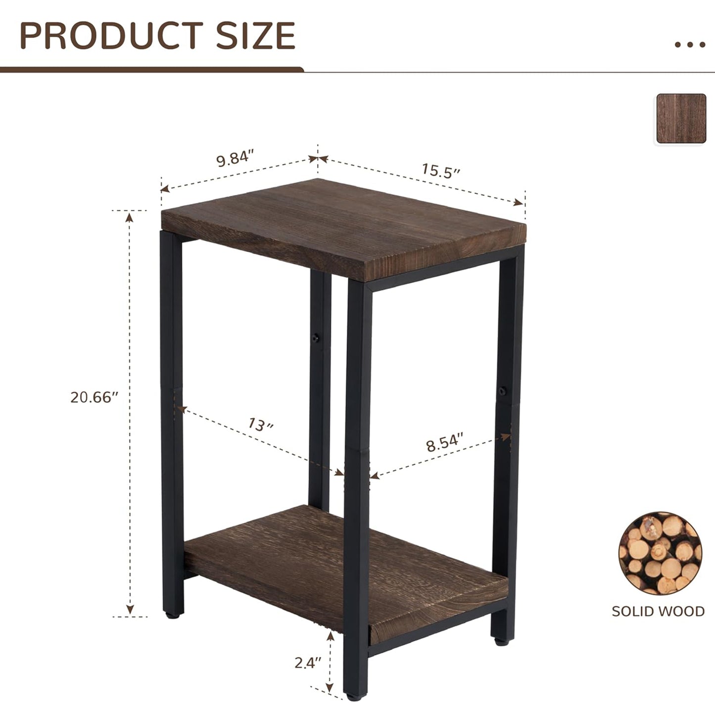 Real Solid Wood End Tables with 2-Tier Storage Shelf