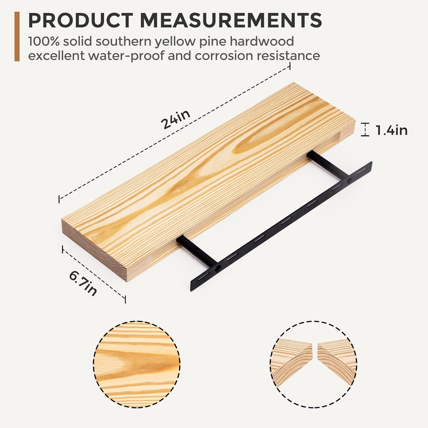 ShelfLoft 24" Wide x 6.7" Deep Unfinished Farmhouse Natural Pine Wood Floating Shelves, 2 Pack