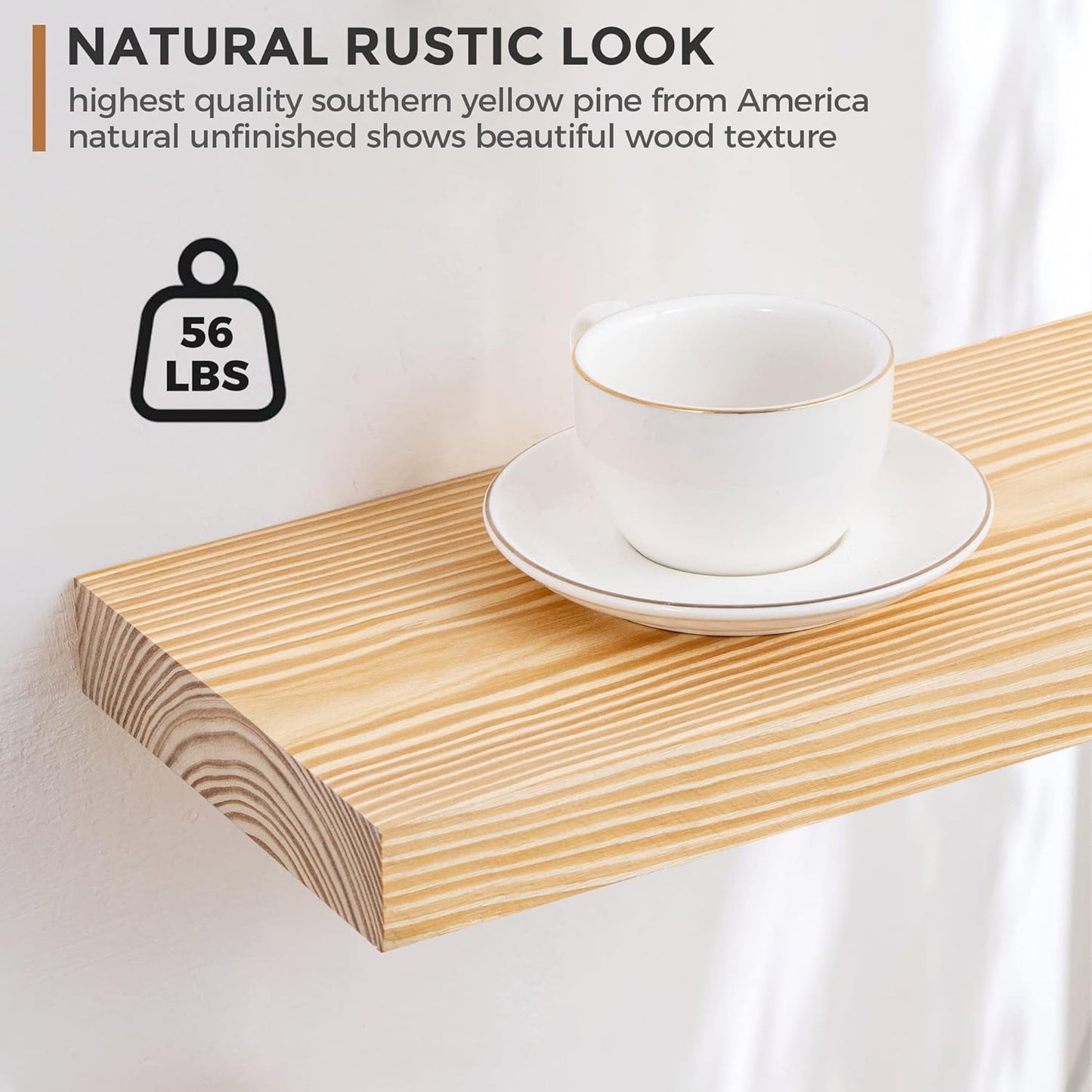 ShelfLoft 24" Wide x 6.7" Deep Unfinished Farmhouse Natural Pine Wood Floating Shelves, 2 Pack