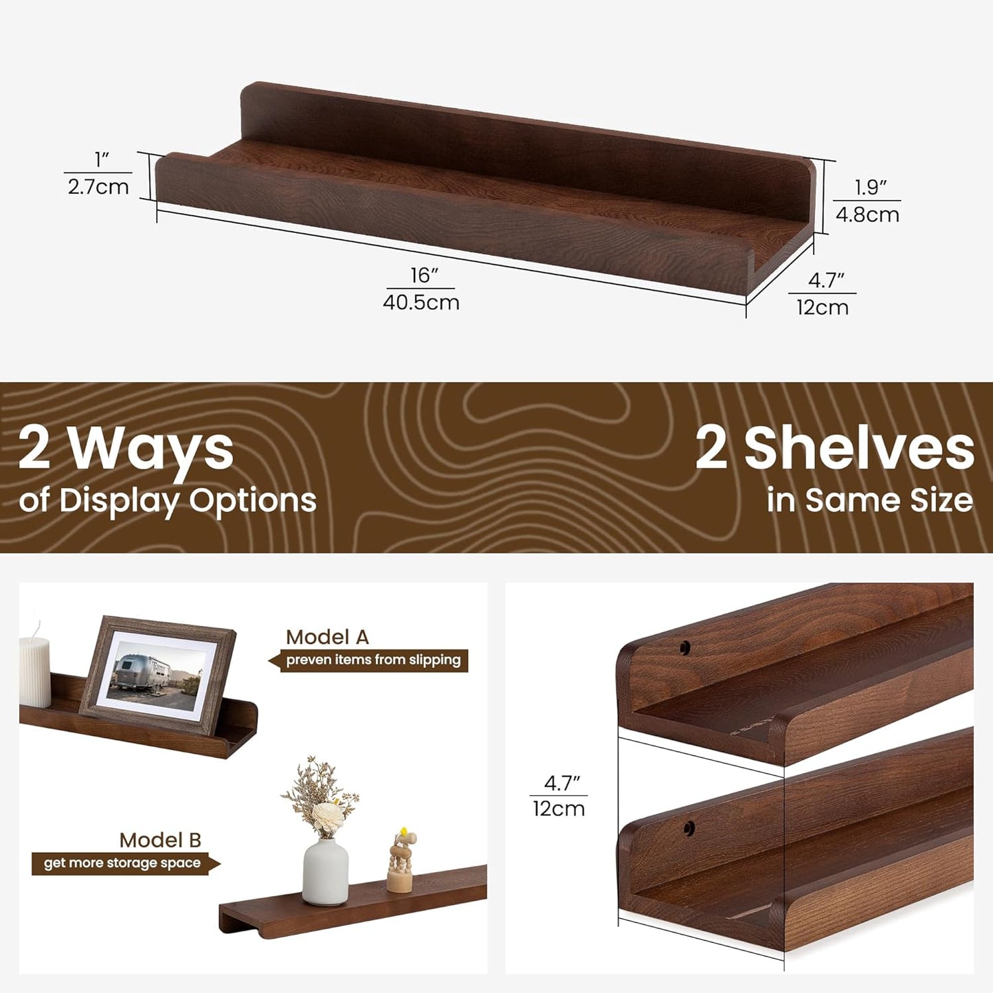 ShelfLoft 16" Wide x 4.7" Deep Solid Ash Wood Picture Ledge Shelf Groove Floating Shelves,Set of 2