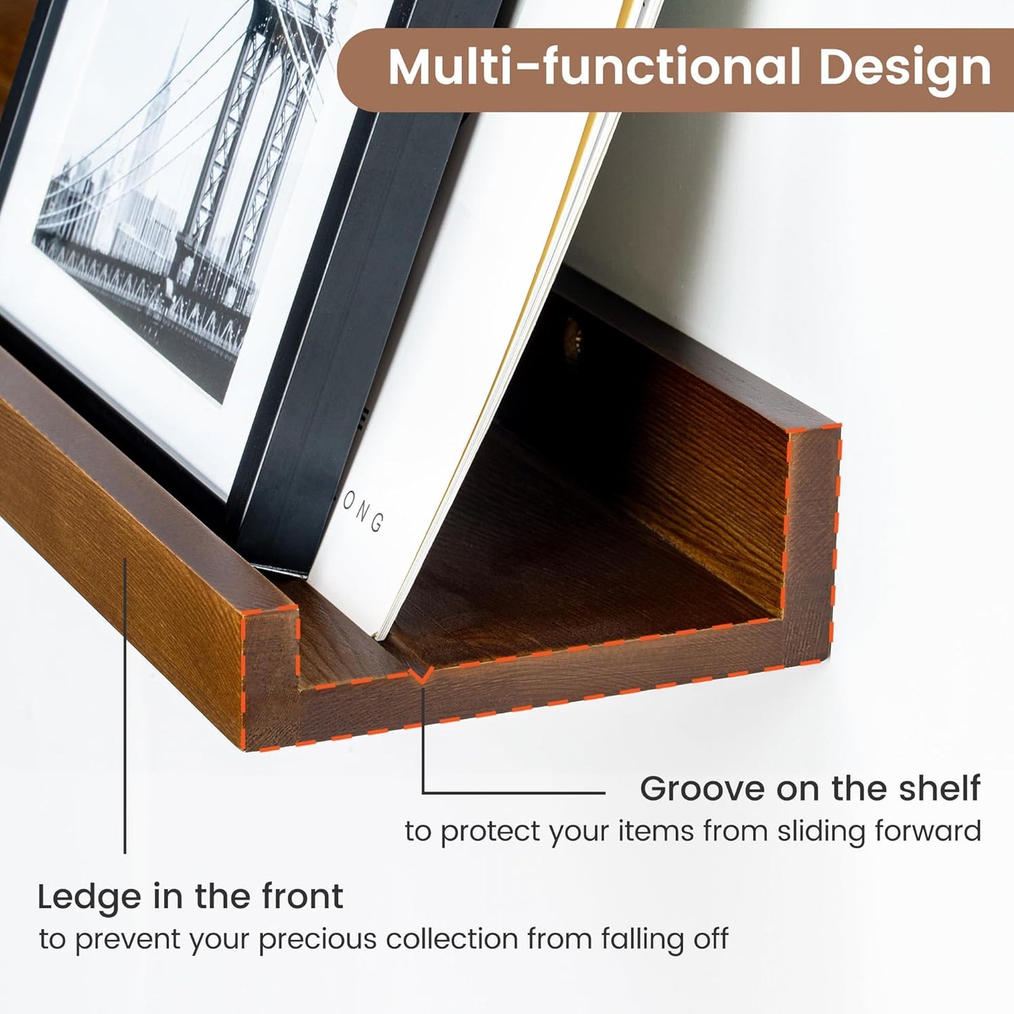 ShelfLoft 16" Wide x 5" Deep Pine Wood Picture Ledge Shelf Wall Shelves with Lip, 2 Pack