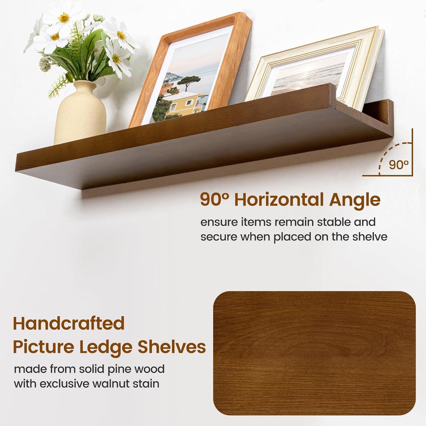 ShelfLoft 5.5"D x 2"H Walnut Pine Wood Picture Ledge Shelf Wall Shelves with Lip, 2 Pack