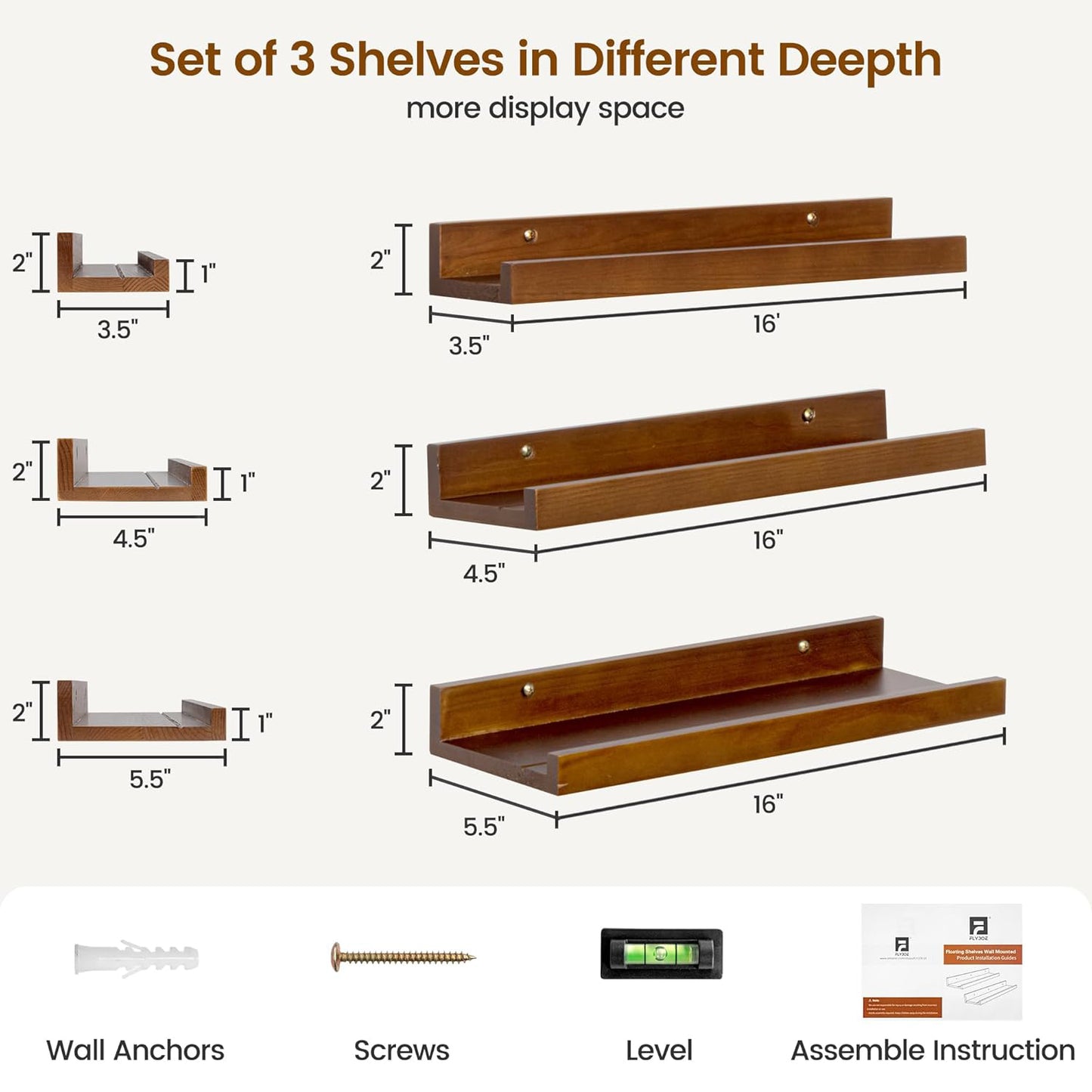 ShelfLoft 5.5"D x 2"H Walnut Pine Wood Picture Ledge Shelf Wall Shelves with Lip, 2 Pack