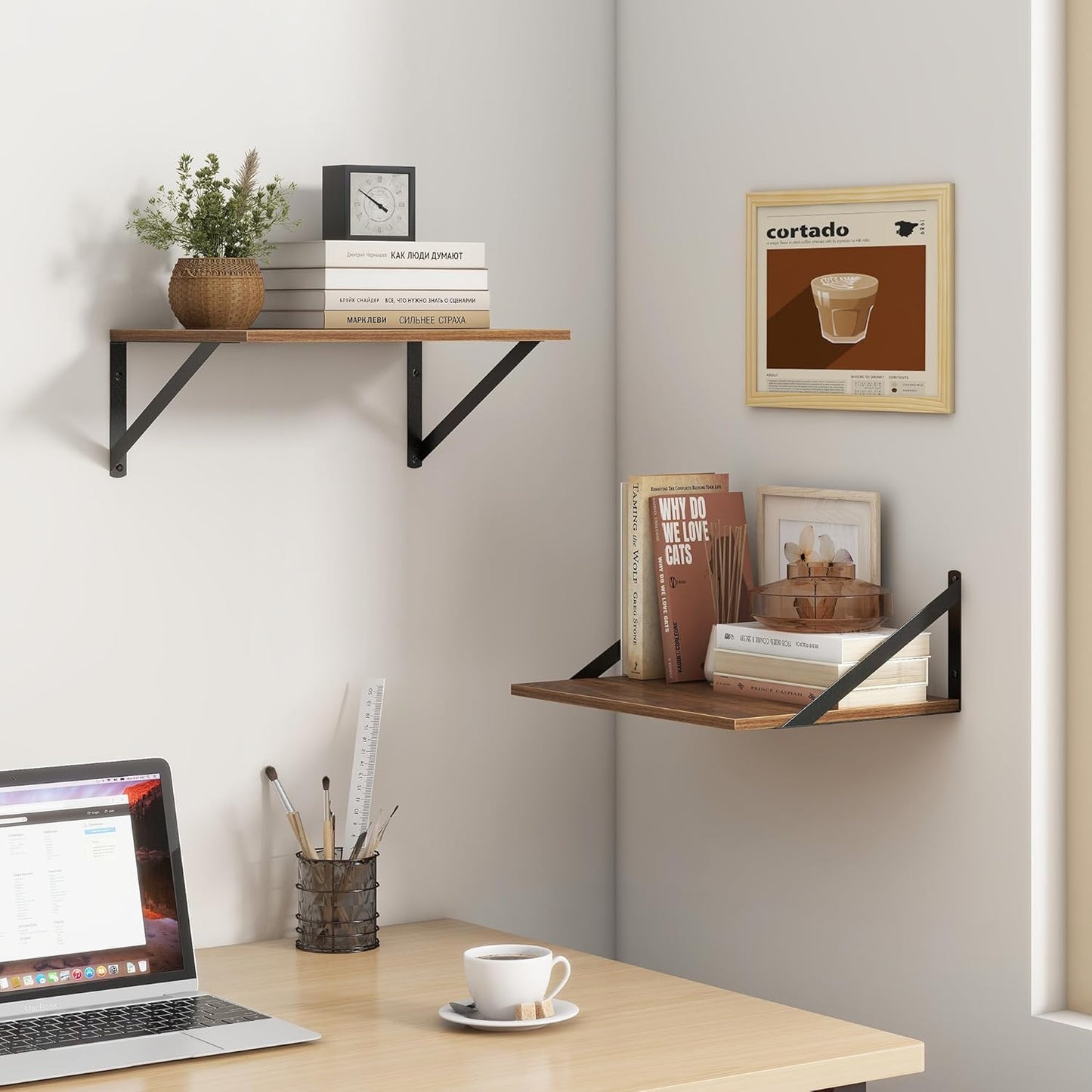 ShelfLoft 16" Wide x 12" Deep Wall Display & Storage Floating Shelves with Visible Brackets, 2 Pack