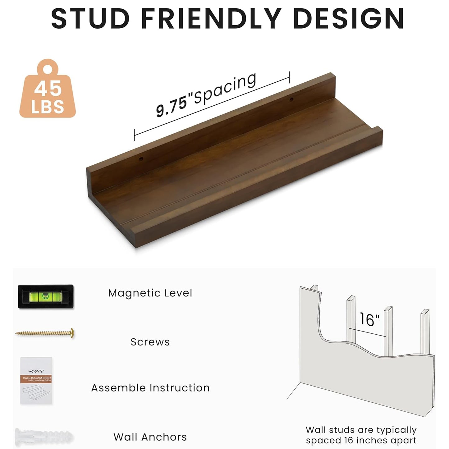 ShelfLoft 5"D x 2"H Walnut Solid Pine Wood Picture Ledge Shelf for Wall Decor,Set of 2