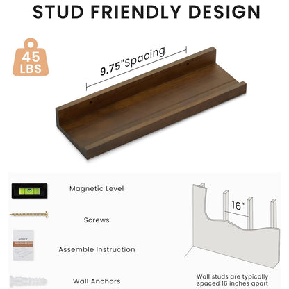 ShelfLoft 5"D x 2"H Walnut Solid Pine Wood Picture Ledge Shelf for Wall Decor,Set of 2