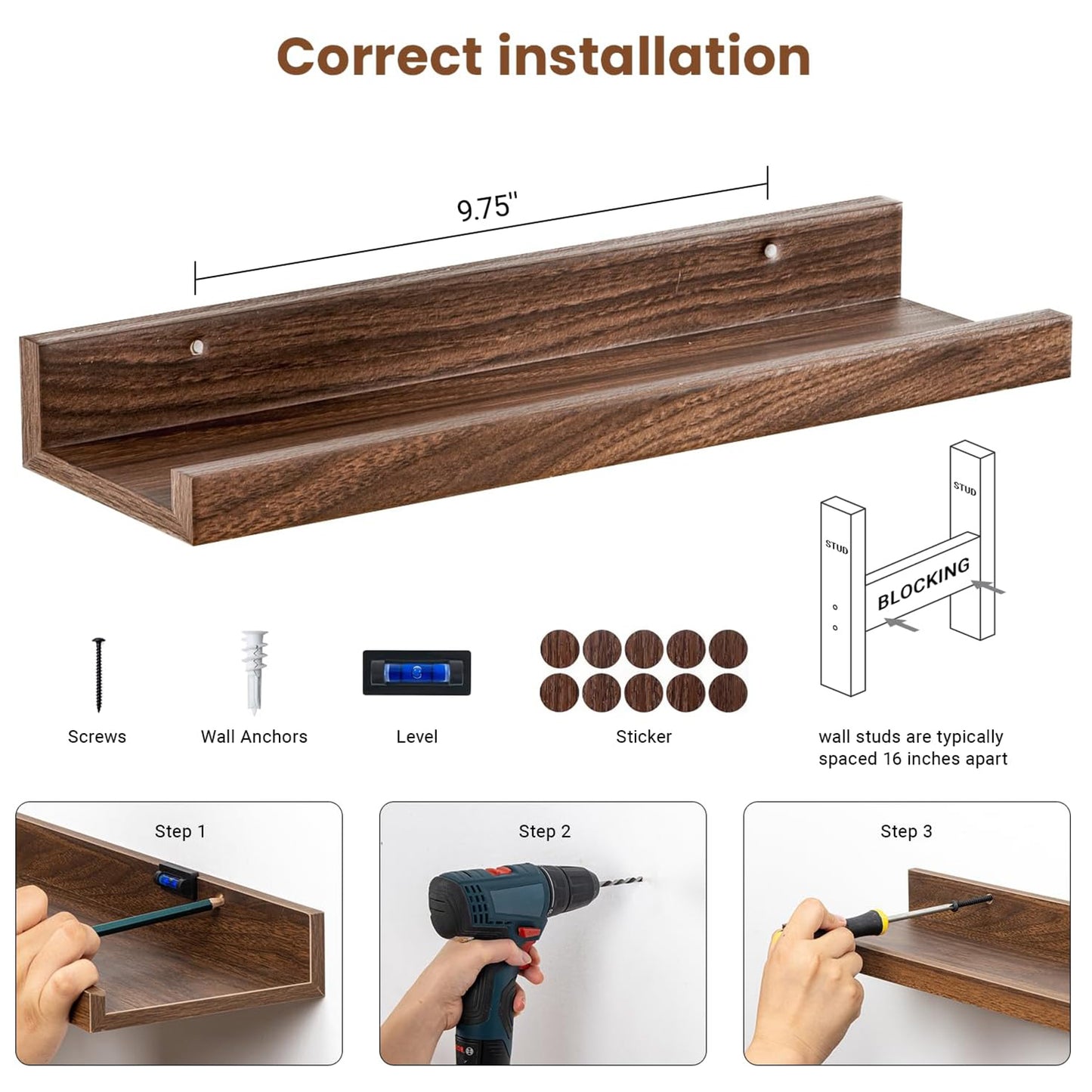 ShelfLoft 16" Wide x 5.7" Deep Picture Ledge Shelf Floating Shelves,3 Pack