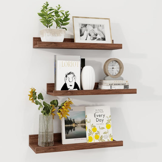 ShelfLoft 5.7"D x 2"H Walnut Picture Ledge Shelf Floating Shelves with Lip, Set of 3