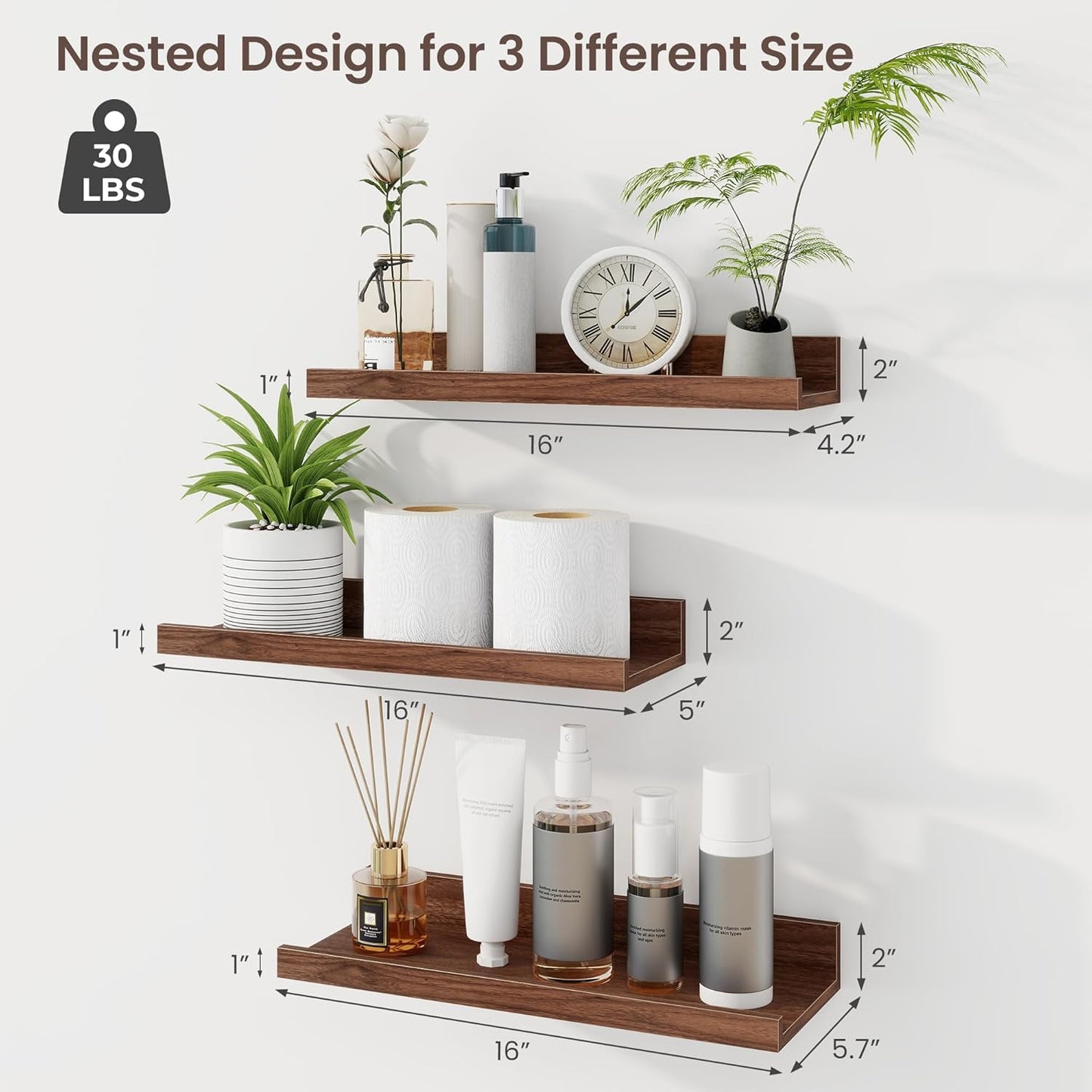 ShelfLoft 5.7"D x 2"H Walnut Picture Ledge Shelf Floating Shelves with Lip, Set of 3