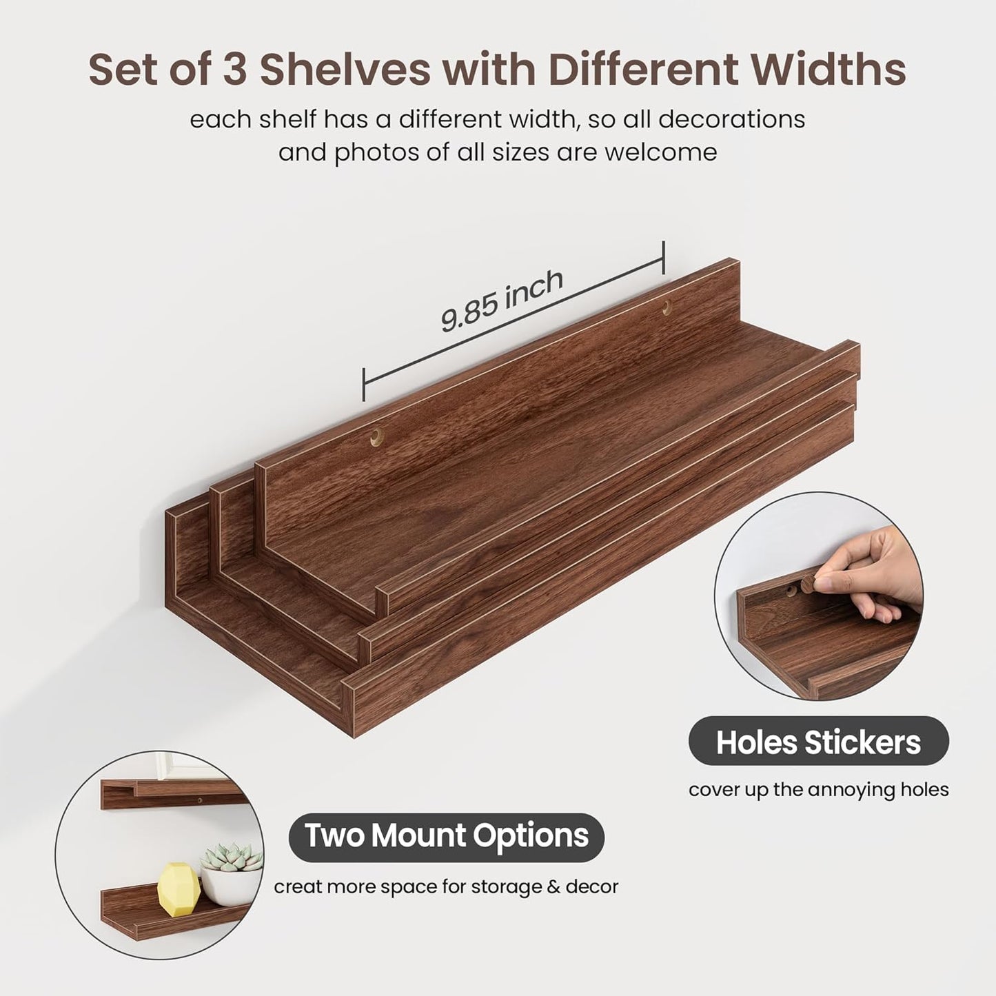 ShelfLoft 5.7"D x 2"H Walnut Picture Ledge Shelf Floating Shelves with Lip, Set of 3