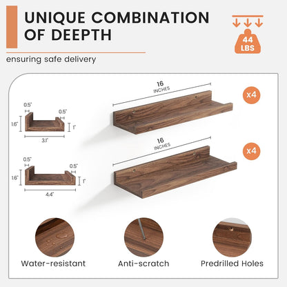 ShelfLoft 16" Wide x 4.4" Deep Picture Ledge Floating Shelves, 8 Pack