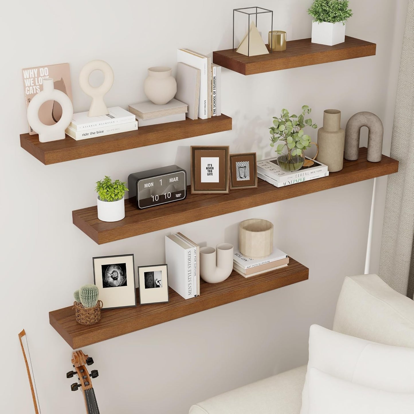 ShelfLoft 17"W x 6.7"D Paulownia Wood Wall Display Decor Floating Shelves,Walnut-3 Pack