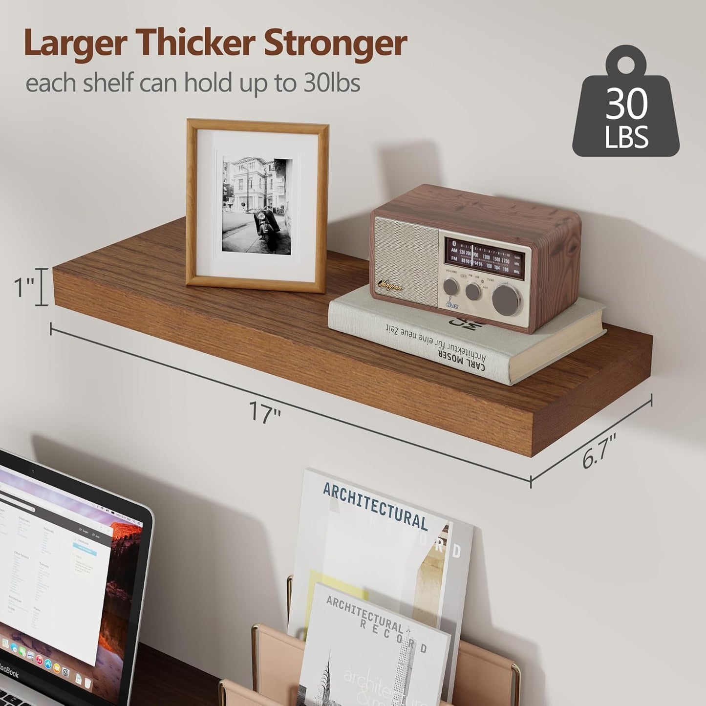 ShelfLoft 6.7"D x 1.4"H Walnut Paulownia Wood Wall Display Decor Floating Shelves