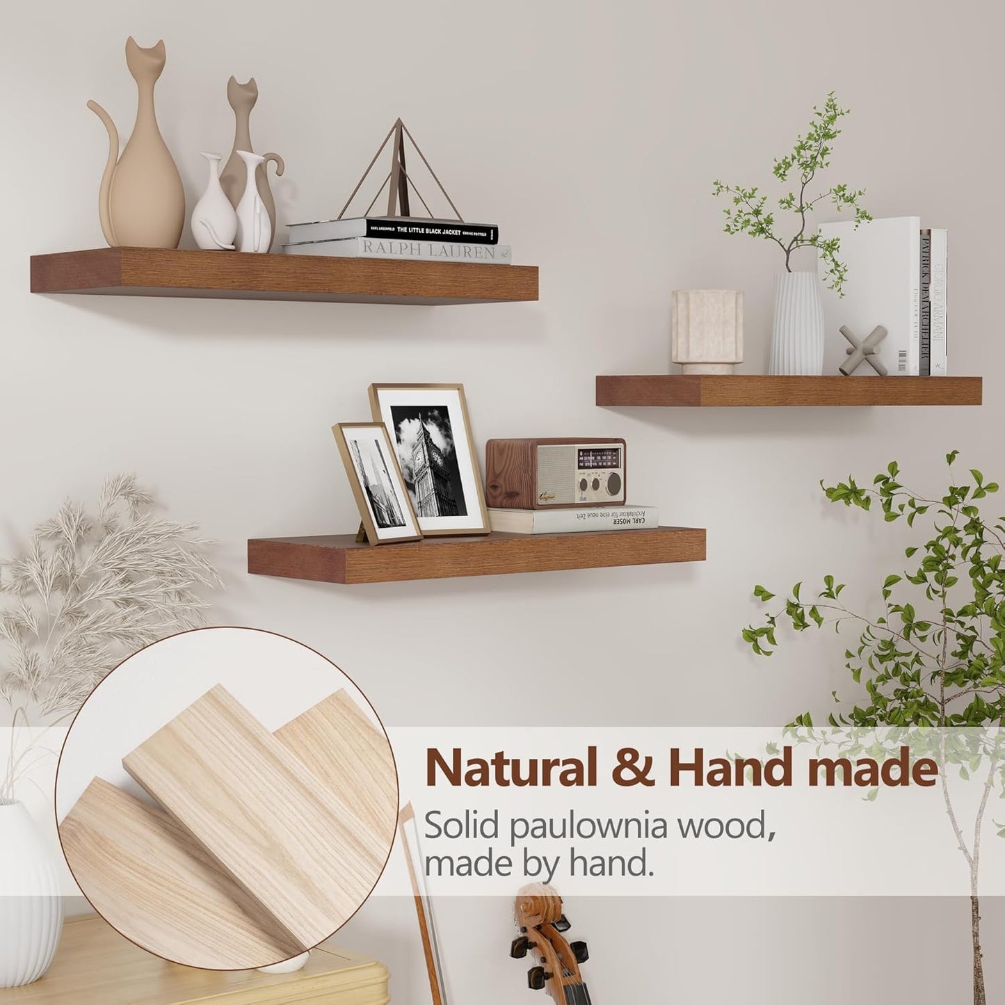 ShelfLoft 6.7"D x 1.4"H Walnut Paulownia Wood Wall Display Decor Floating Shelves