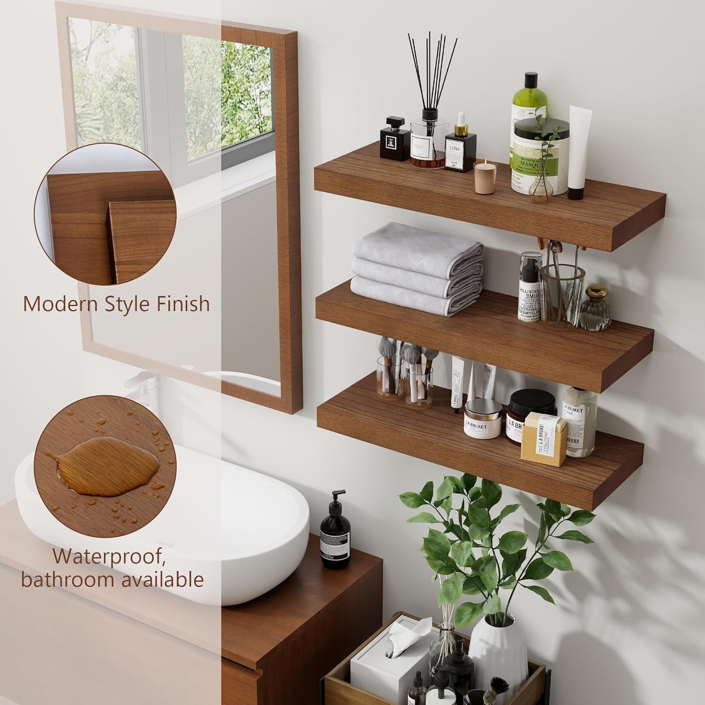 ShelfLoft 17"W x 6.7"D Paulownia Wood Wall Display Decor Floating Shelves,Walnut-3 Pack