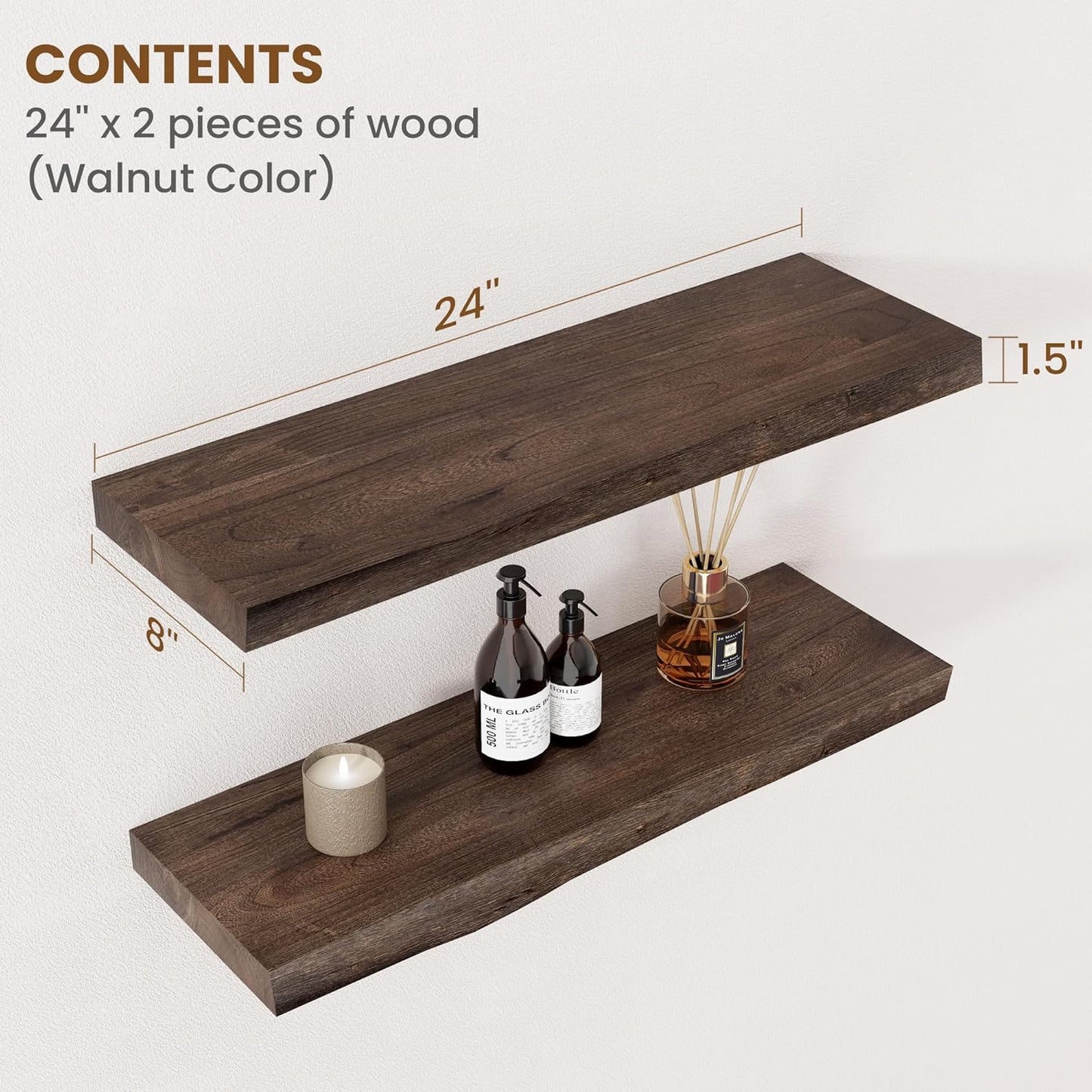 ShelfLoft 8"D x 1.5"H 60lbs Walnut Solid Elm Wood Floating Shelves