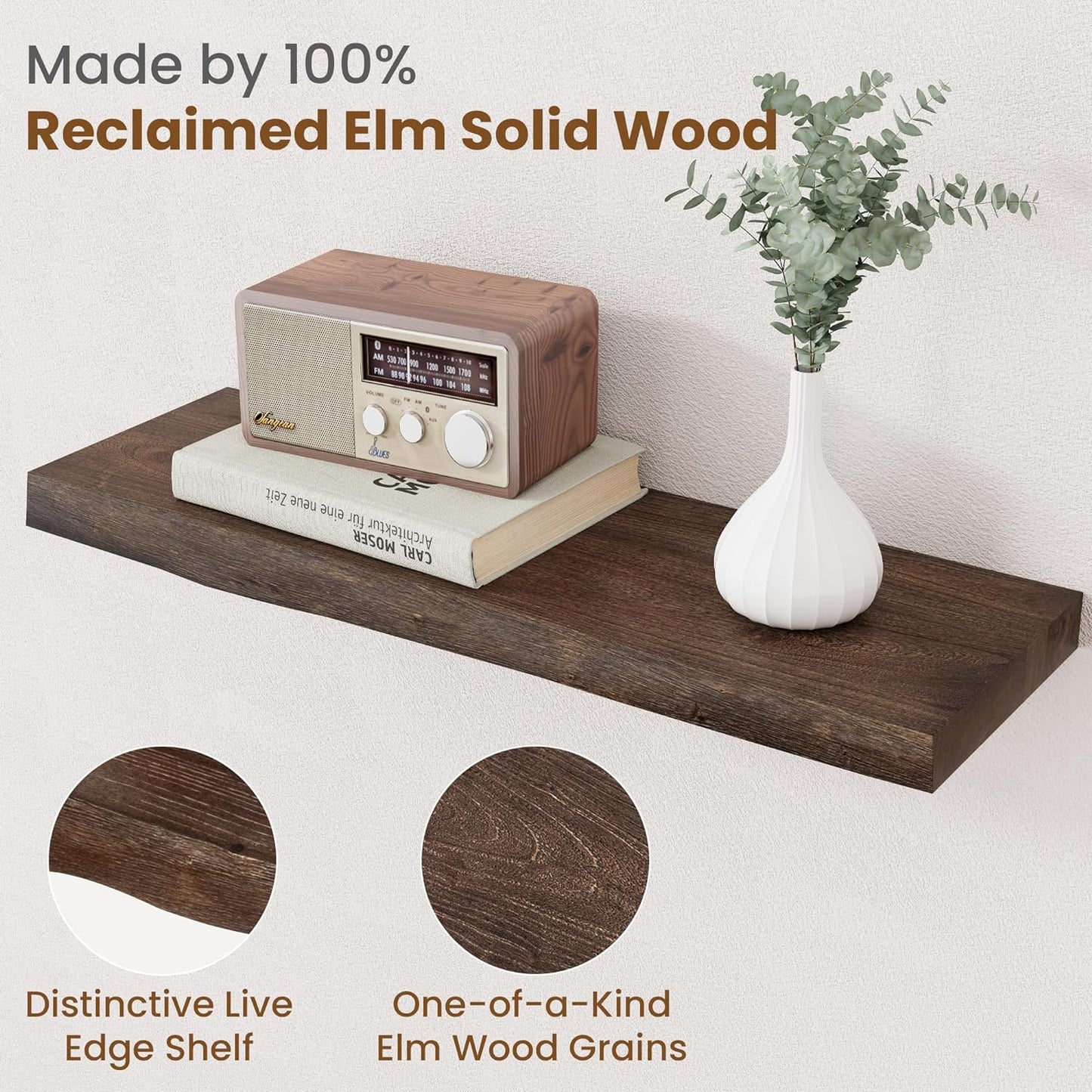 ShelfLoft 8"D x 1.5"H 60lbs Walnut Solid Elm Wood Floating Shelves