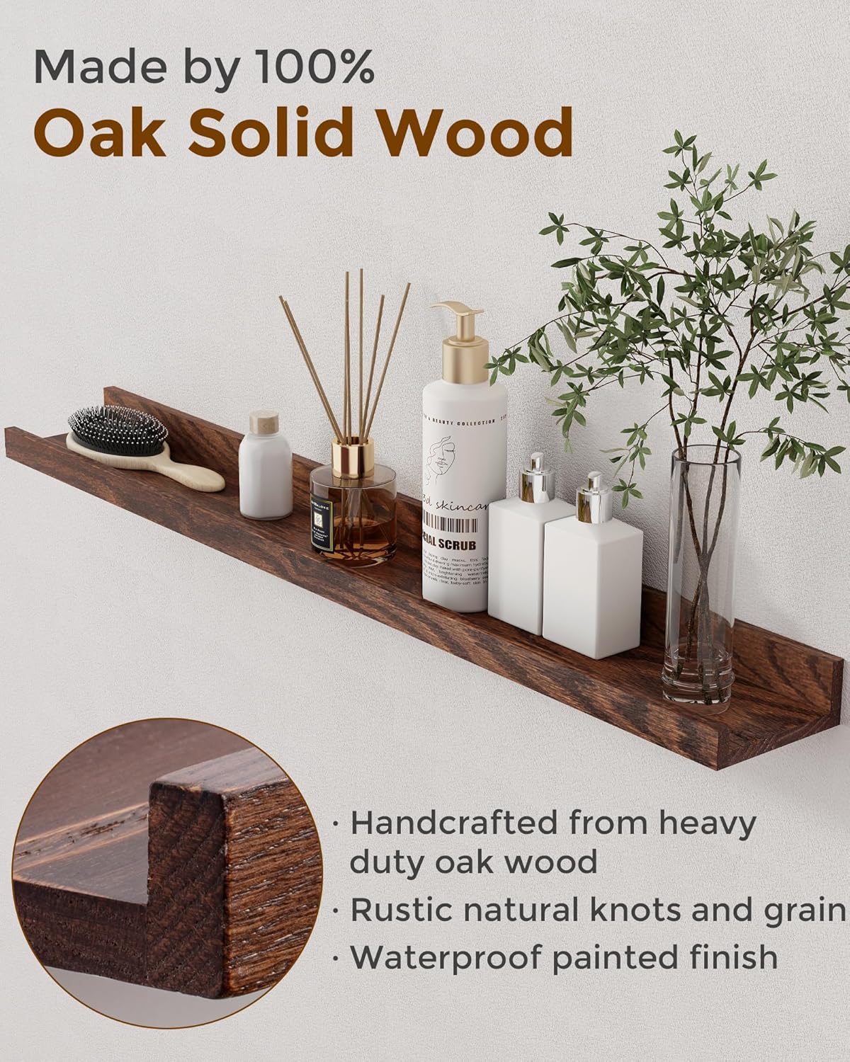 ShelfLoft 4.7 Inch Deep Solid Oak Wood Picture Ledge Shelf, Set of 2