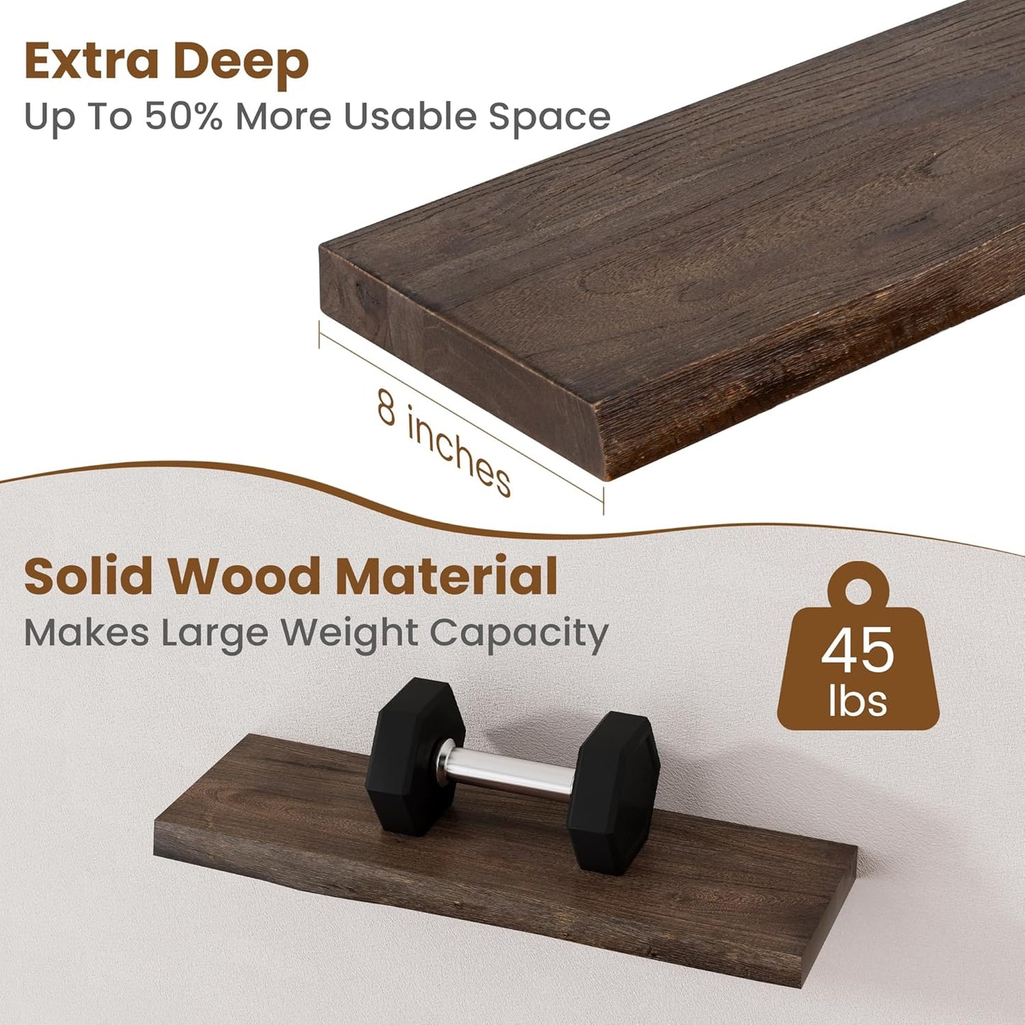 ShelfLoft 24" Wide x 8" Deep 45lbs Solid Elm Wood Floating Shelves, 2 Pack
