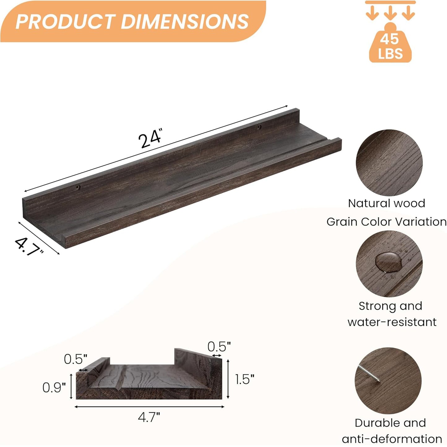 ShelfLoft 4.7"D x 1.5"H Walnut Picture Ledge Shelf Elm Wood Floating Shelves for Wall, Set of 2