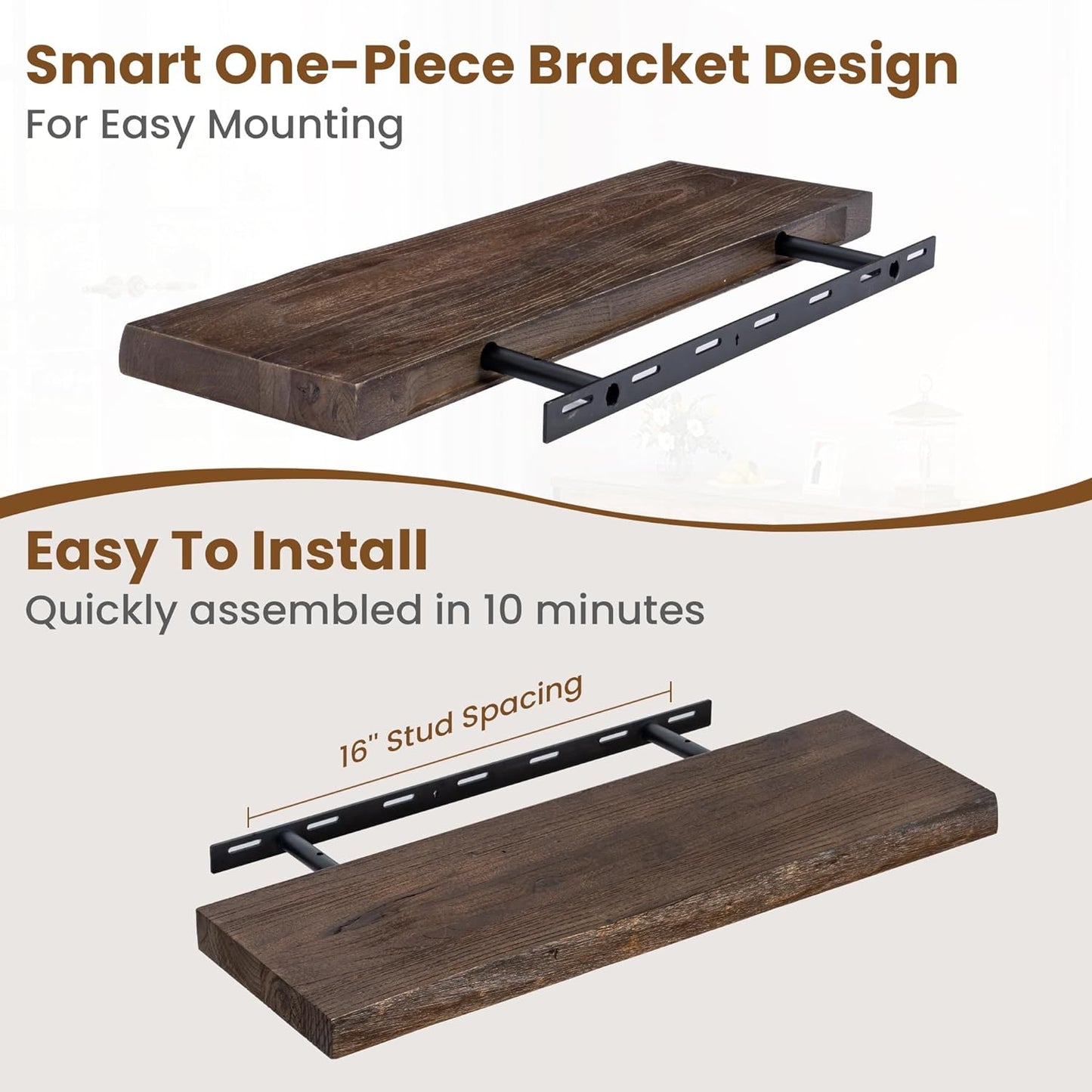 ShelfLoft 24" Wide x 8" Deep 45lbs Solid Elm Wood Floating Shelves, 2 Pack