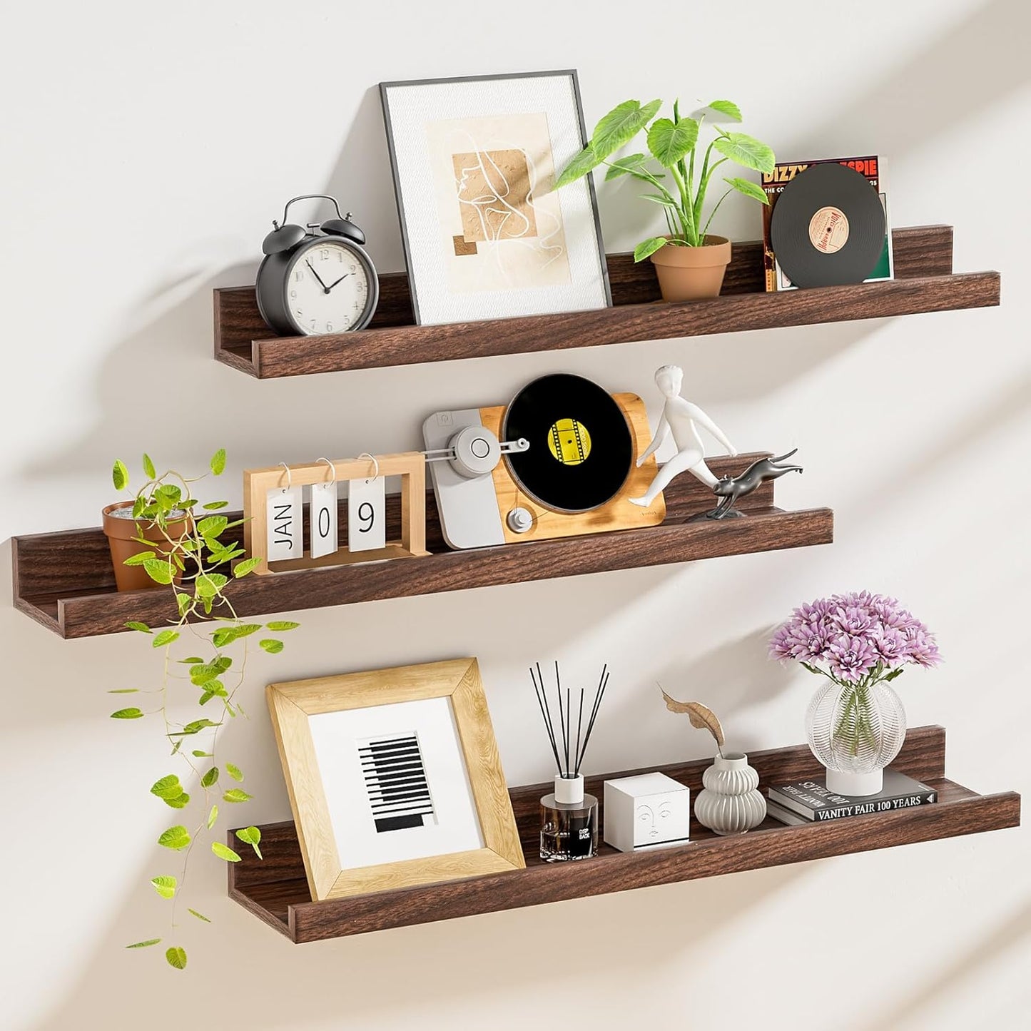 ShelfLoft 5.7"D x 2"H Walnut Picture Ledge Shelf Floating Shelves,3 Pack