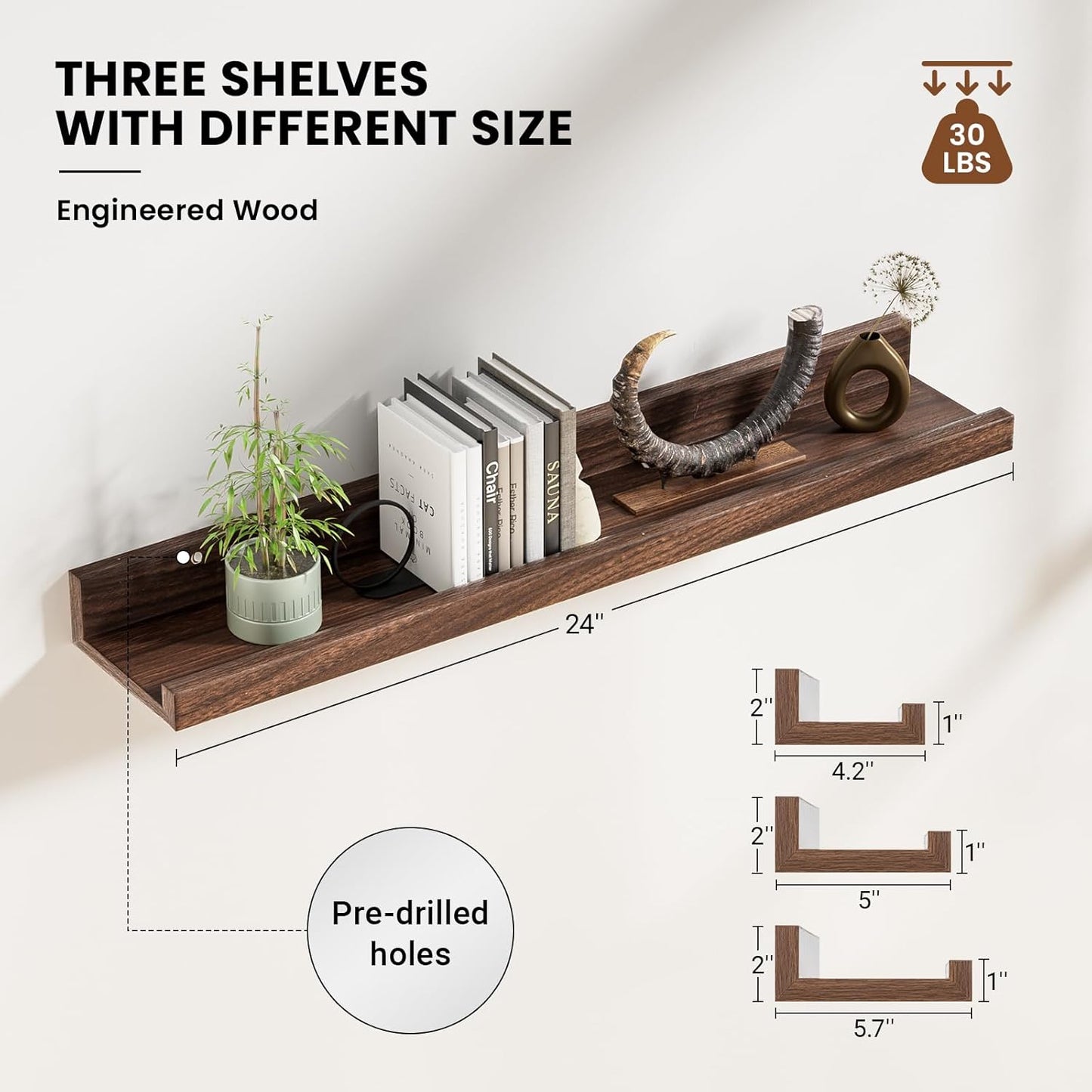 ShelfLoft 5.7"D x 2"H Walnut Picture Ledge Shelf Floating Shelves,3 Pack