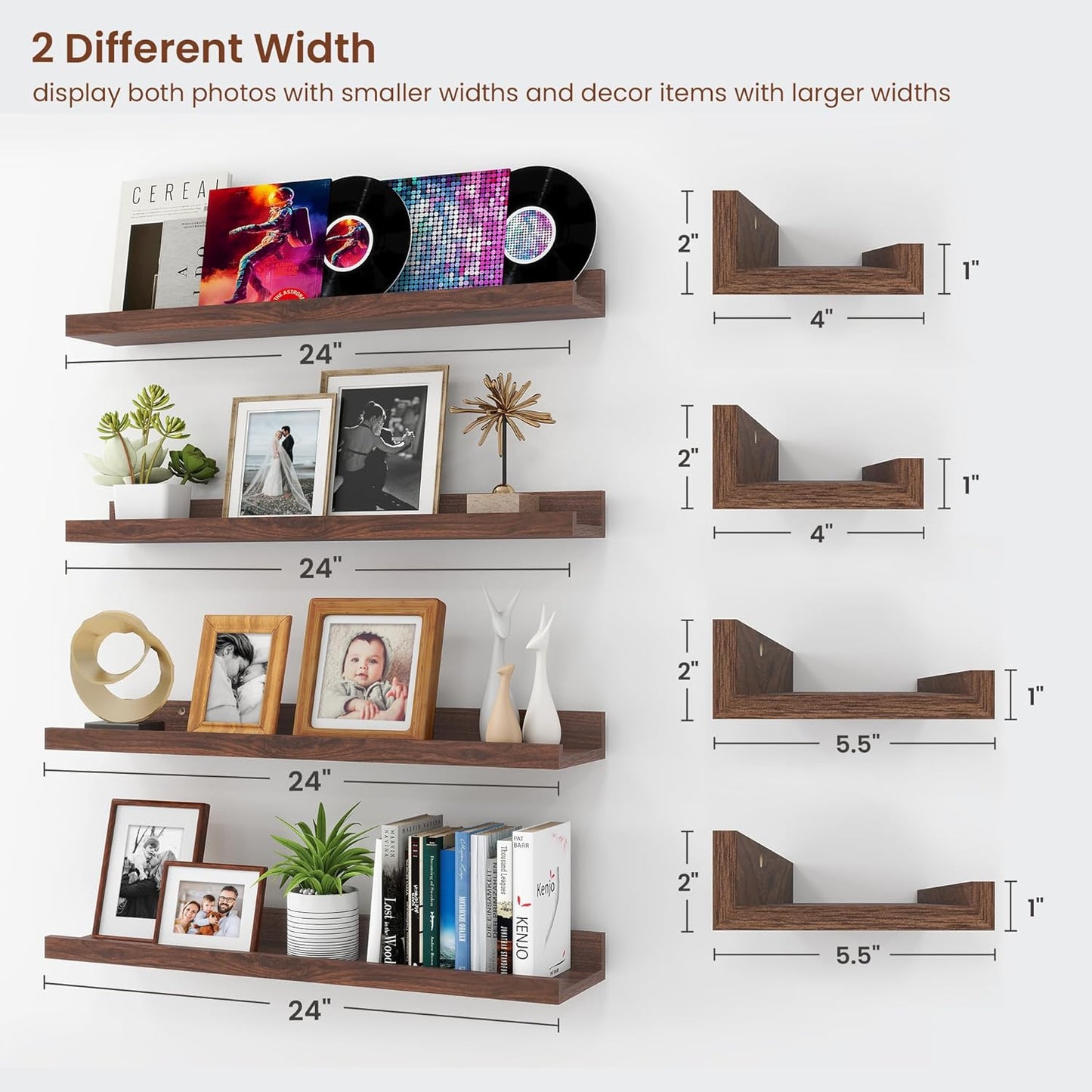 ShelfLoft 24" Wide x 5.5" Deep Picture Ledge Shelf Wall Display Floating Shelves with Lip, 4 Pack