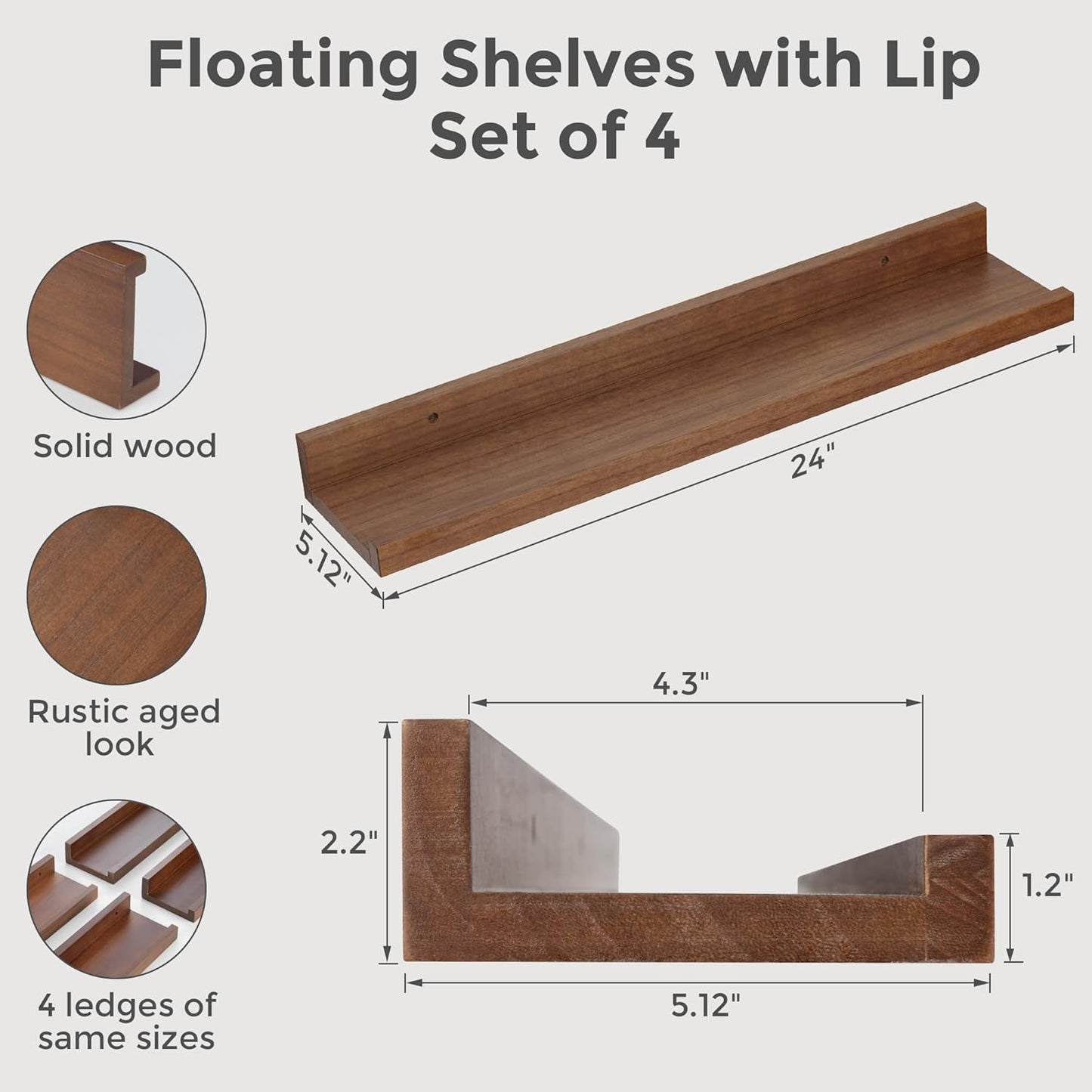 ShelfLoft 5.12 Inch Deep Picture Ledge Shelf Paulownia Wood Wall Floating Shelves with Lip for Nursery Books