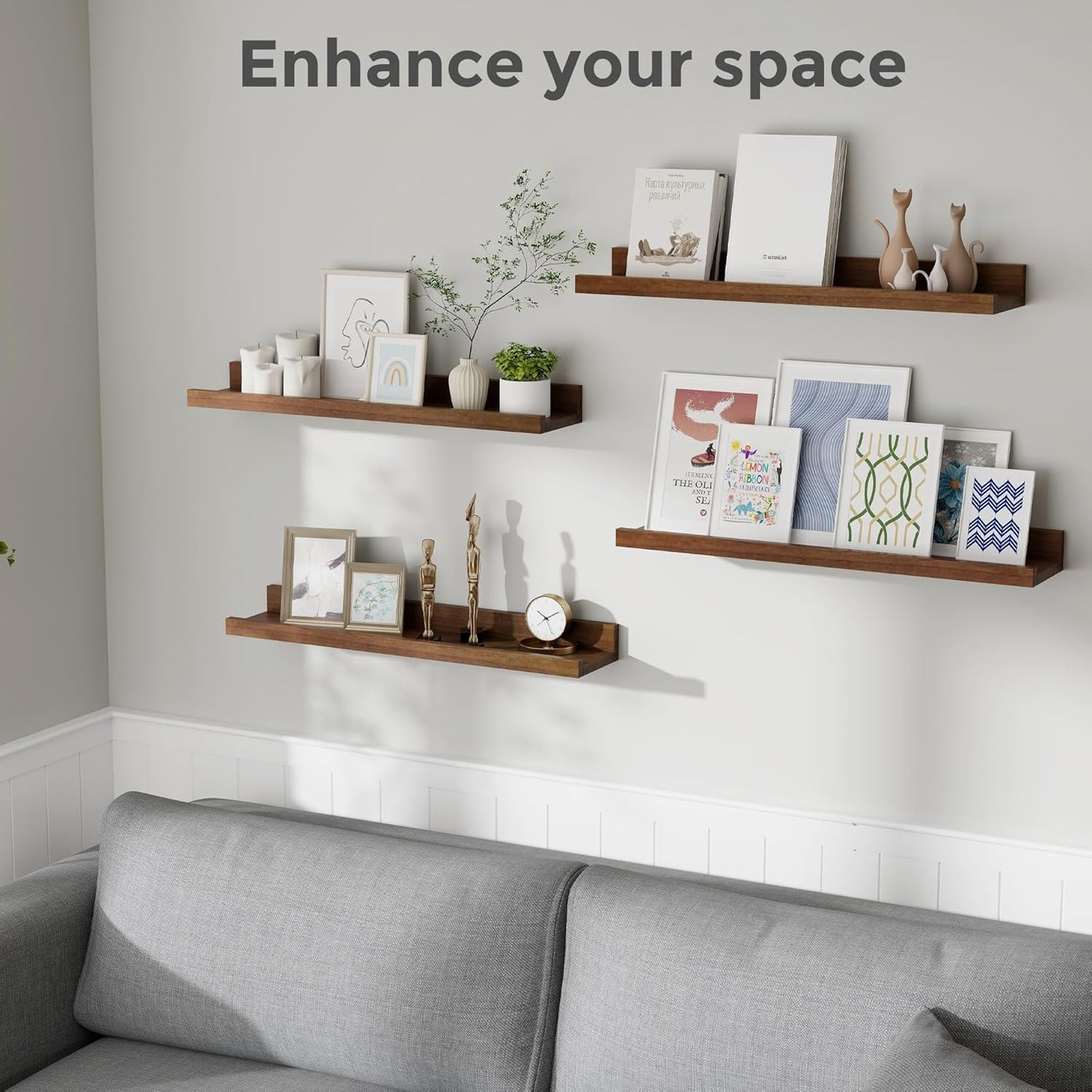 ShelfLoft 5.12 Inch Deep Picture Ledge Shelf Paulownia Wood Wall Floating Shelves with Lip for Nursery Books