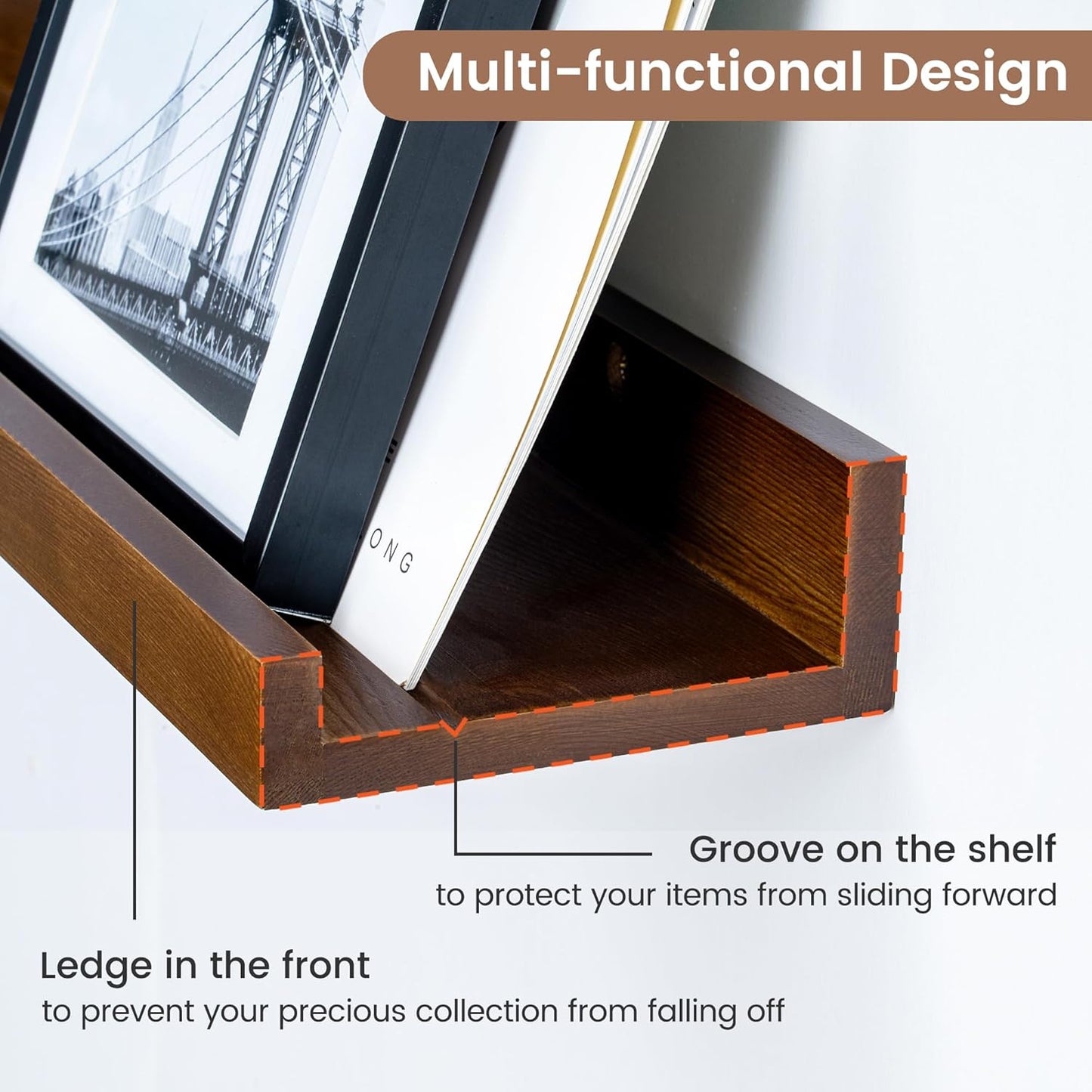 ShelfLoft 24" Wide x 5" Deep Pine Wood Picture Ledge Shelf Wall Shelves with Lip, 2 Pack