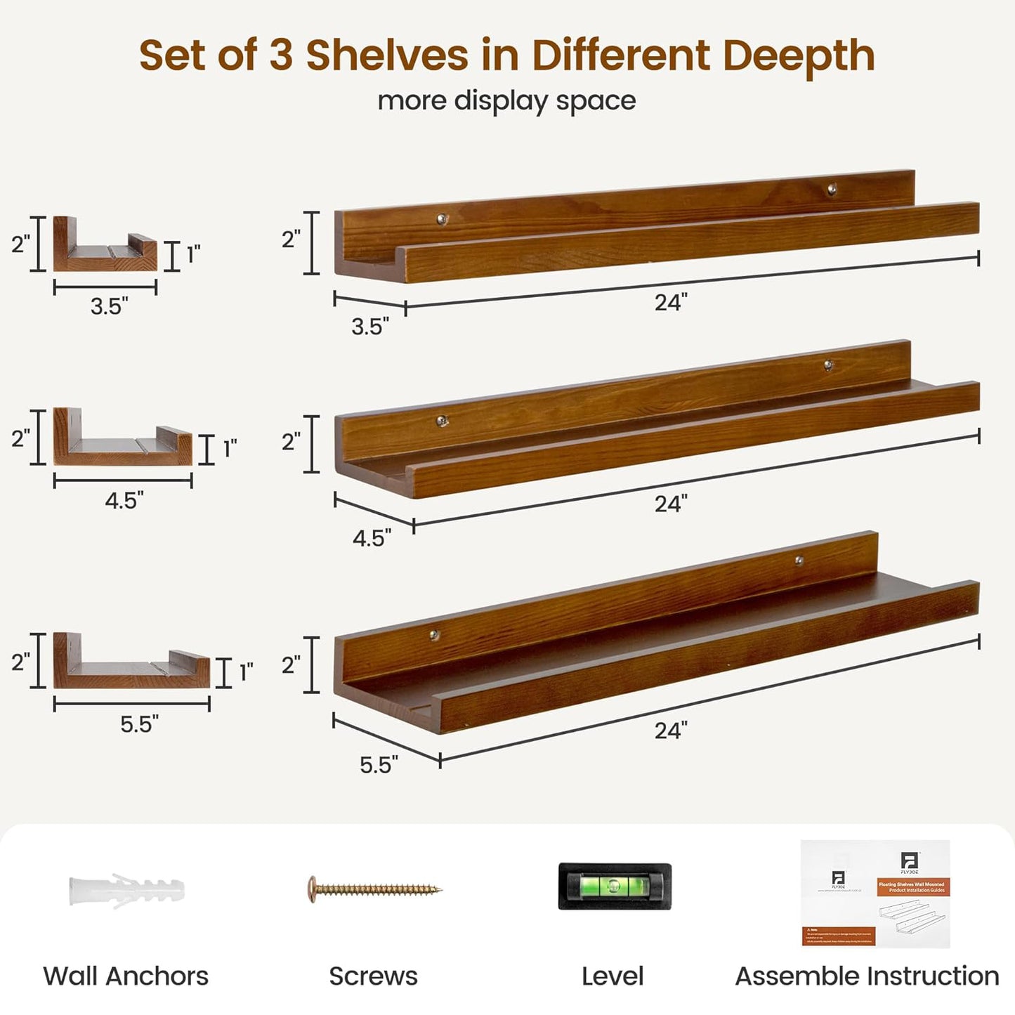 ShelfLoft 5.5"D x 2"H Walnut Pine Wood Picture Ledge Shelf Wall Shelves with Lip, 2 Pack