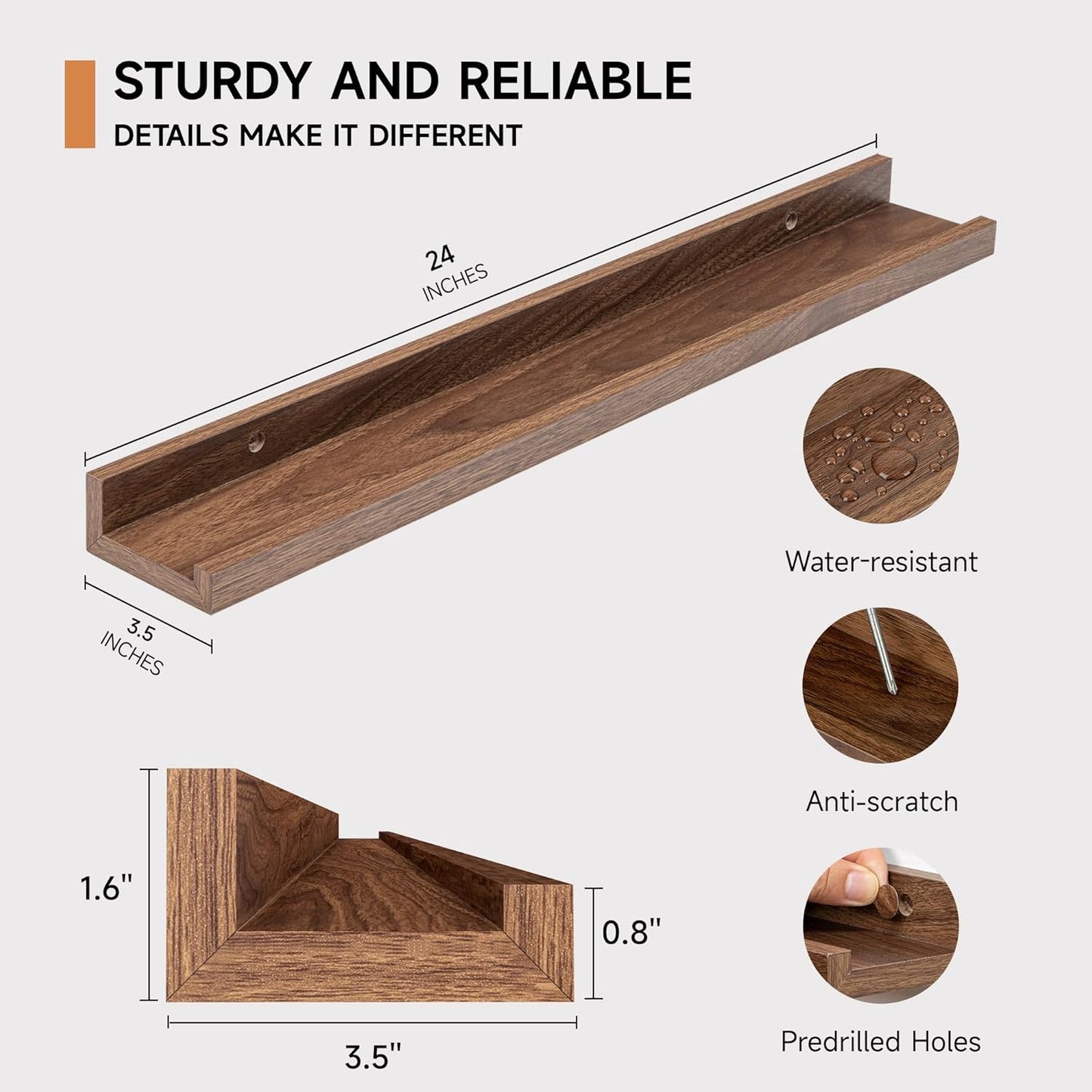 ShelfLoft 3.5"D x 1.6"H Walnut Picture Ledge Shelf Wall Display Floating Shelves