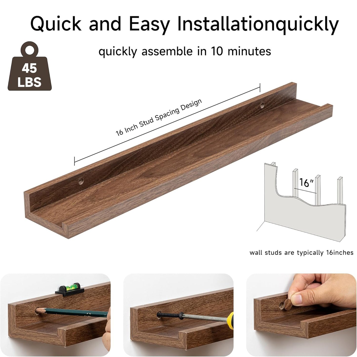 ShelfLoft 24“W x 3.5”D Walnut Picture Ledge Shelf Wall Storage Floating Shelves, 2 Pack